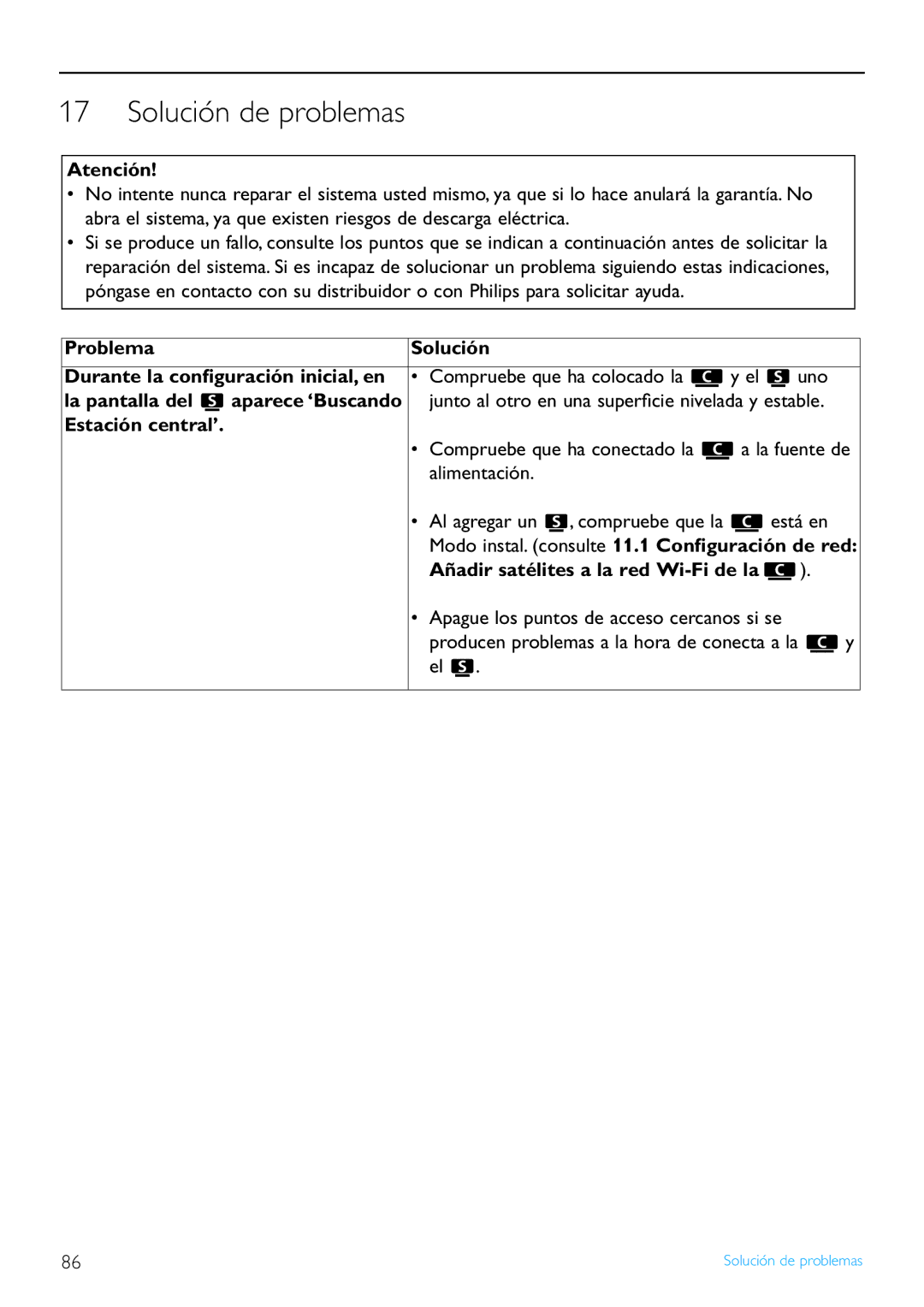 Philips WACS7500/37 Solución de problemas, Atención, Problema, Estación central’, Añadir satélites a la red Wi-Fi de la 