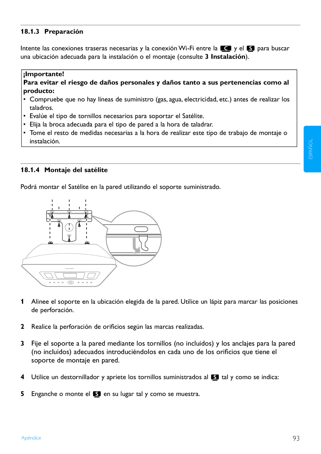 Philips WACS7500/37 manual Preparación, Montaje del satélite 