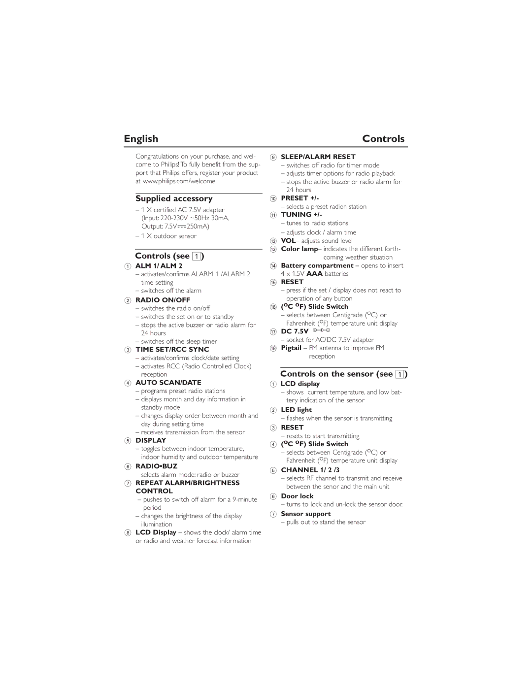 Philips WAJ260 user manual English Controls, Supplied accessory, Controls see, Controls on the sensor see 