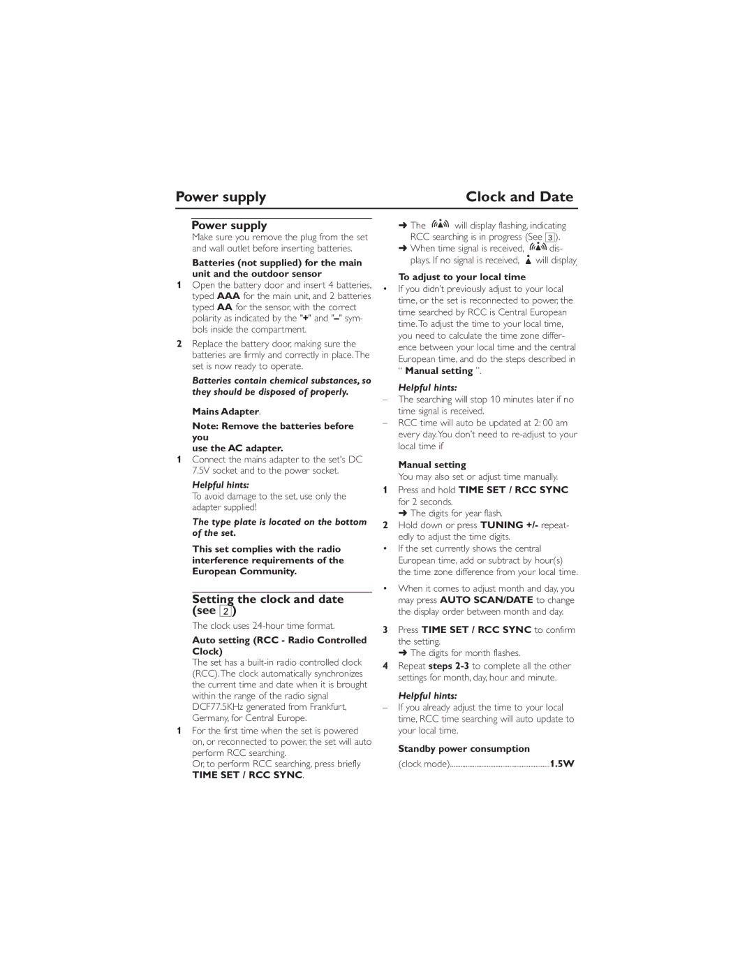 Philips WAJ260 user manual Power supply Clock and Date, Setting the clock and date see, Time SET / RCC Sync 