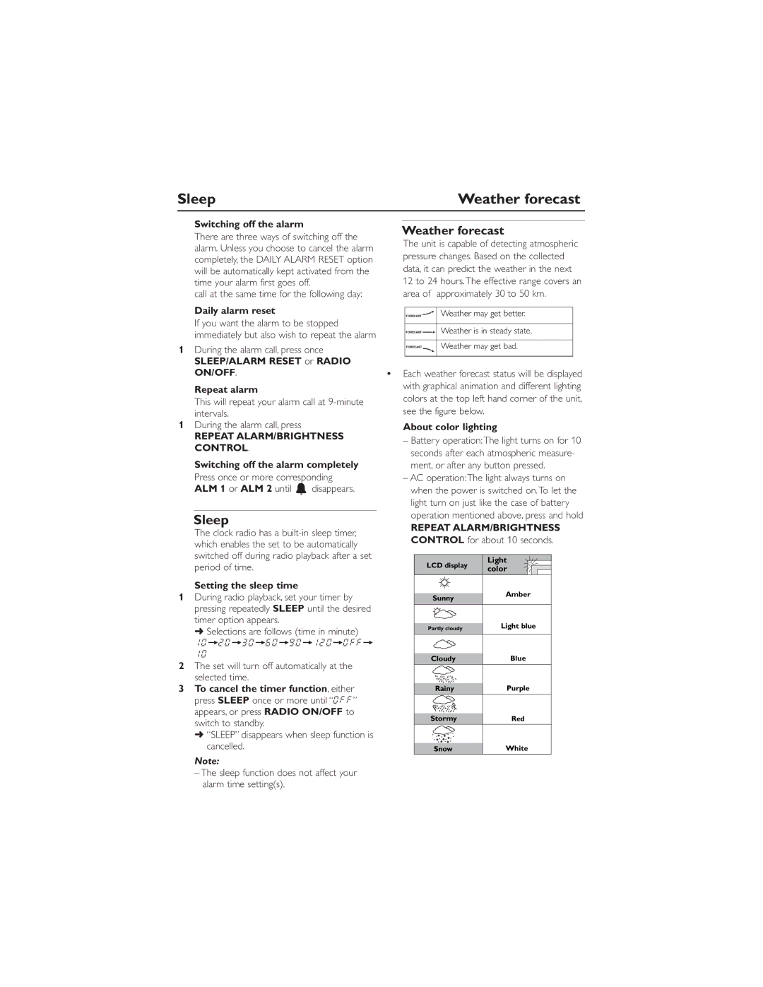 Philips WAJ260 user manual Sleep Weather forecast, On/Off, Repeat ALARM/BRIGHTNESS 