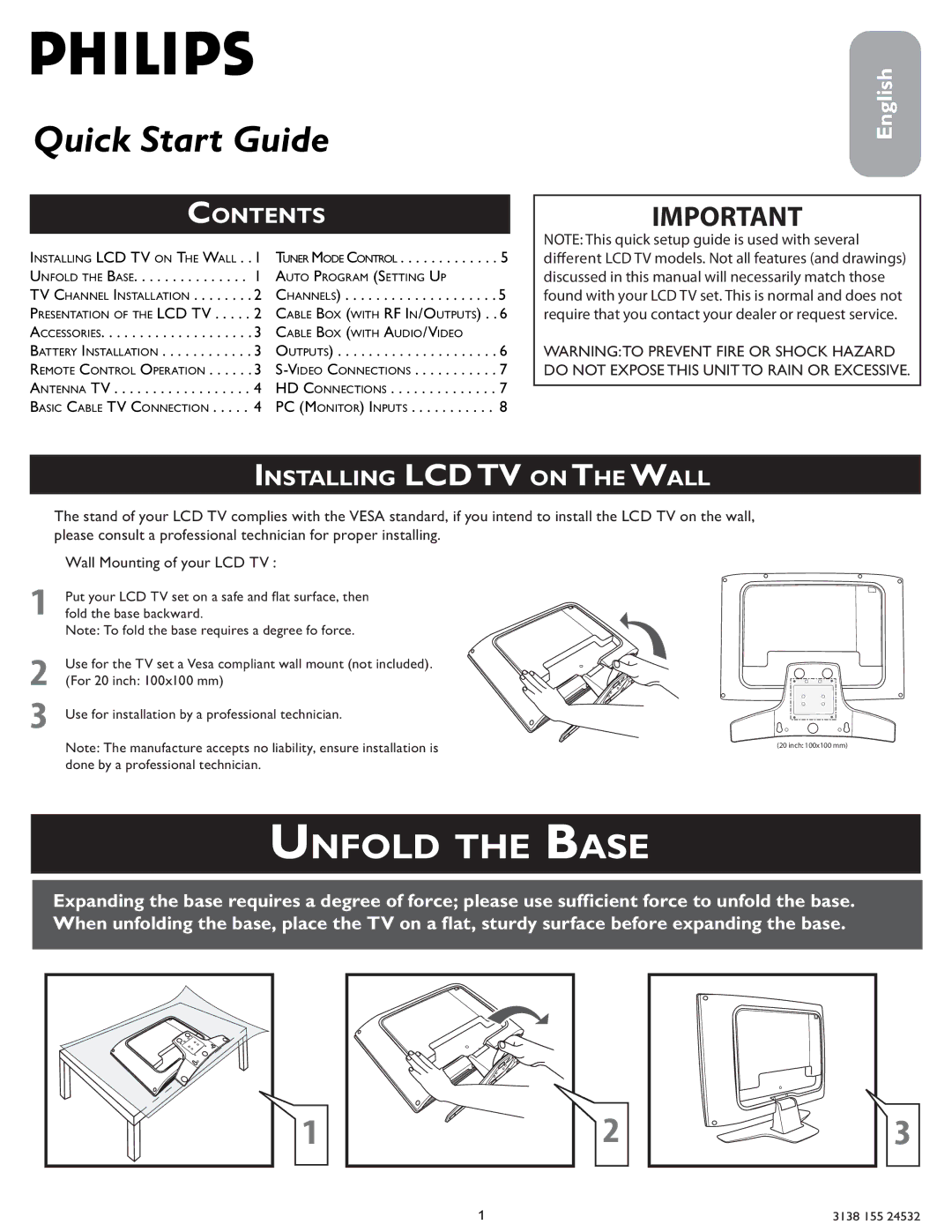 Philips Wall Mounting quick start Unfold the Base, Contents, Installing Lcdtv on the Wall 