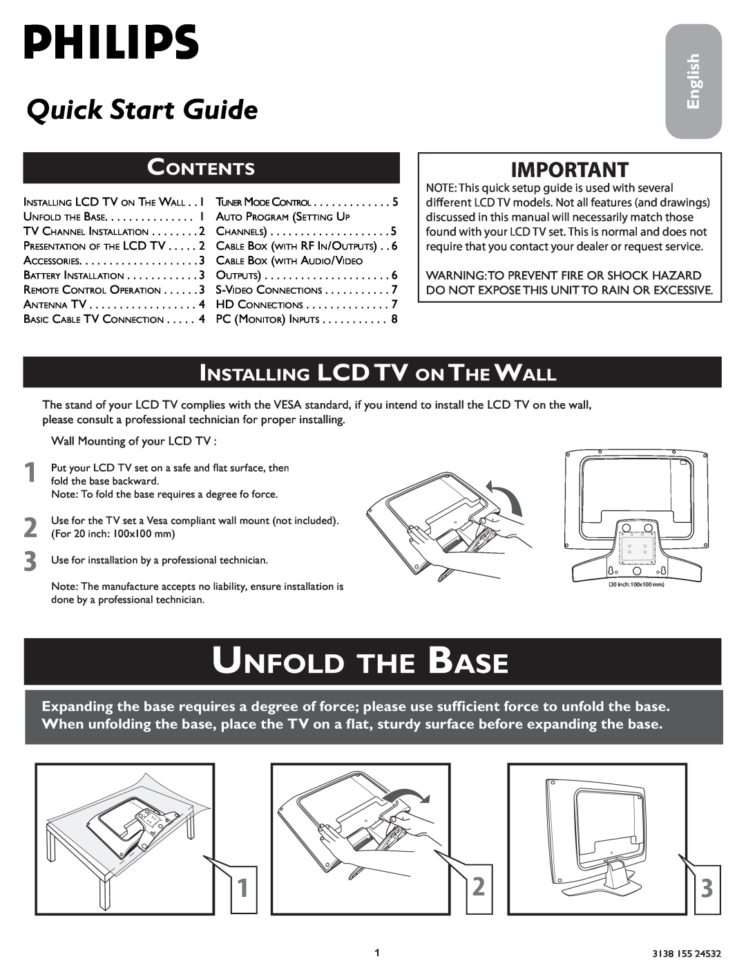 Philips Wall Mounting quick start Unfold The Base, Contents, Installing Lcdtv On The Wall, Quick Start Guide, English 