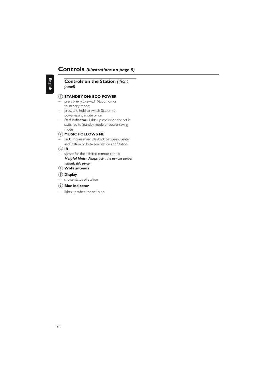 Philips WAS5 user manual Controls on the Station front panel, Wi-Fi antenna Display, Blue indicator 