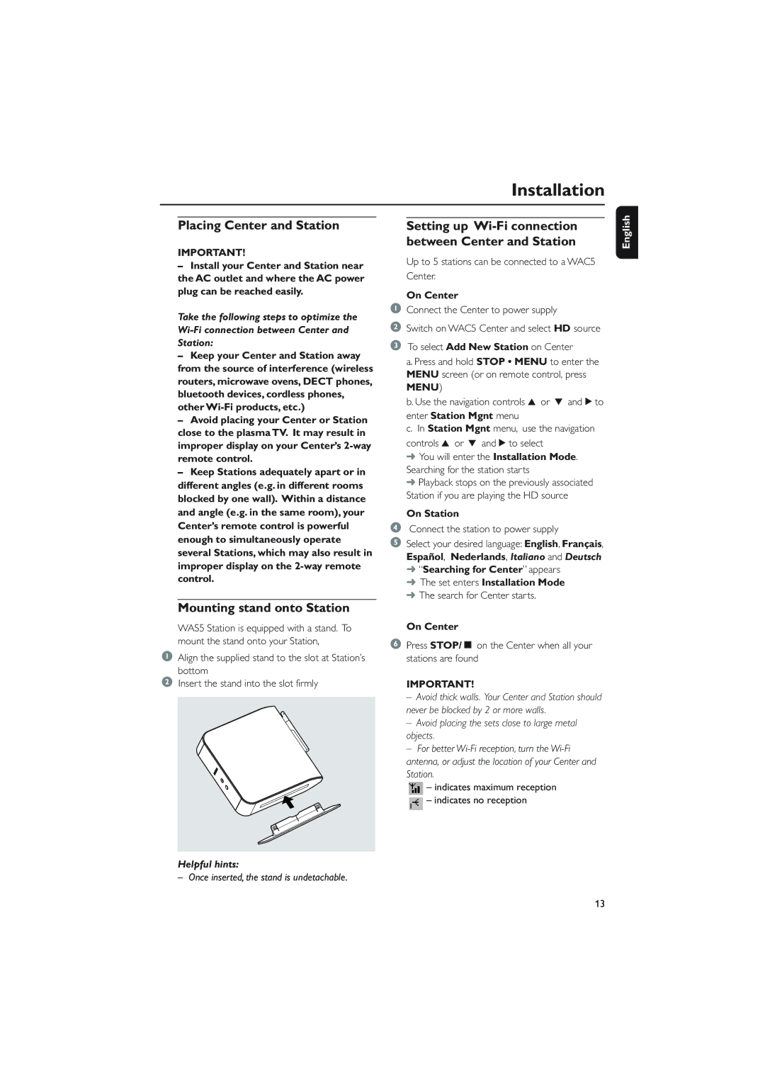 Philips WAS5 user manual Placing Center and Station, Setting up Wi-Fi connection between Center and Station 