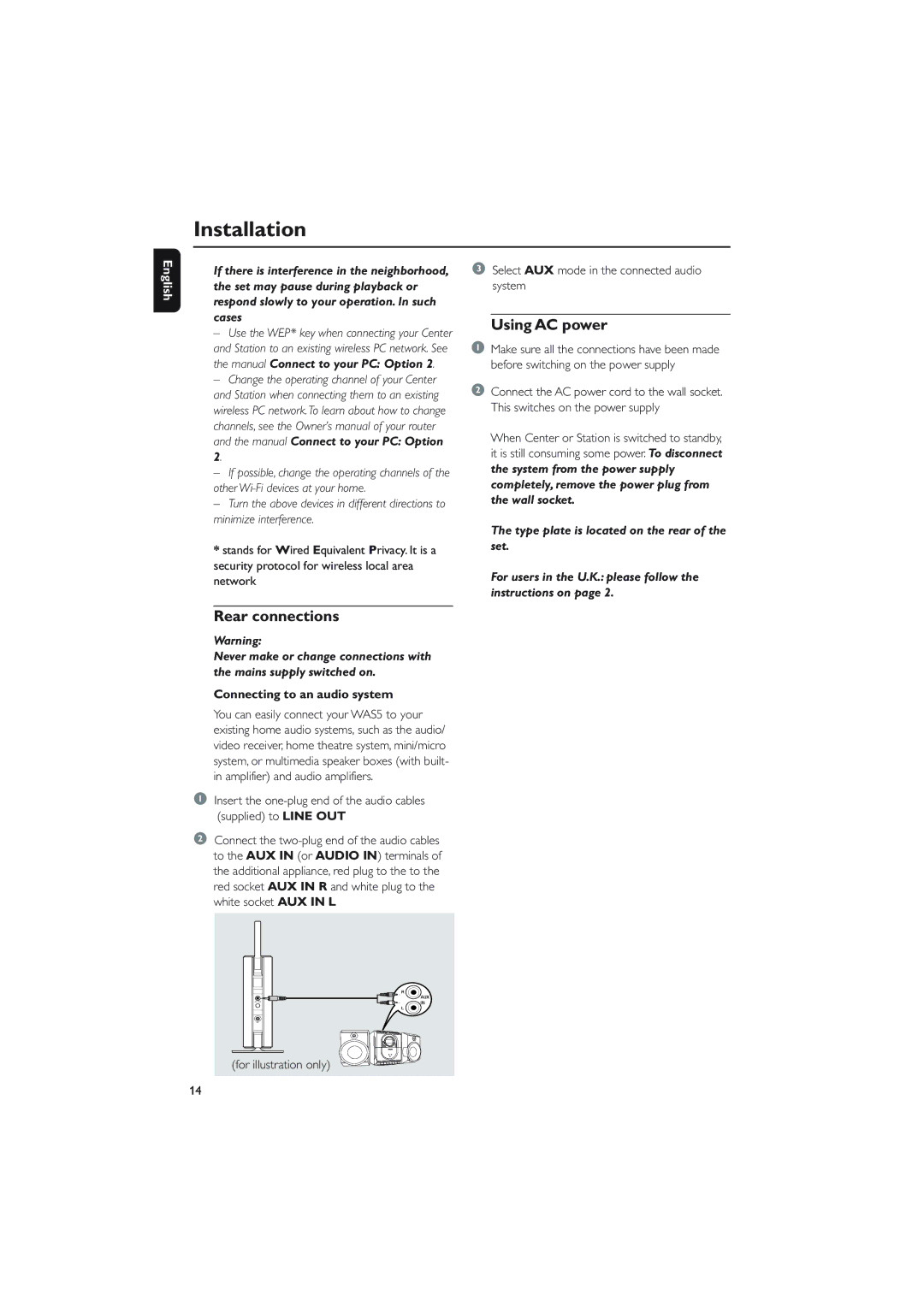 Philips WAS5 user manual Using AC power, Rear connections, Connecting to an audio system 