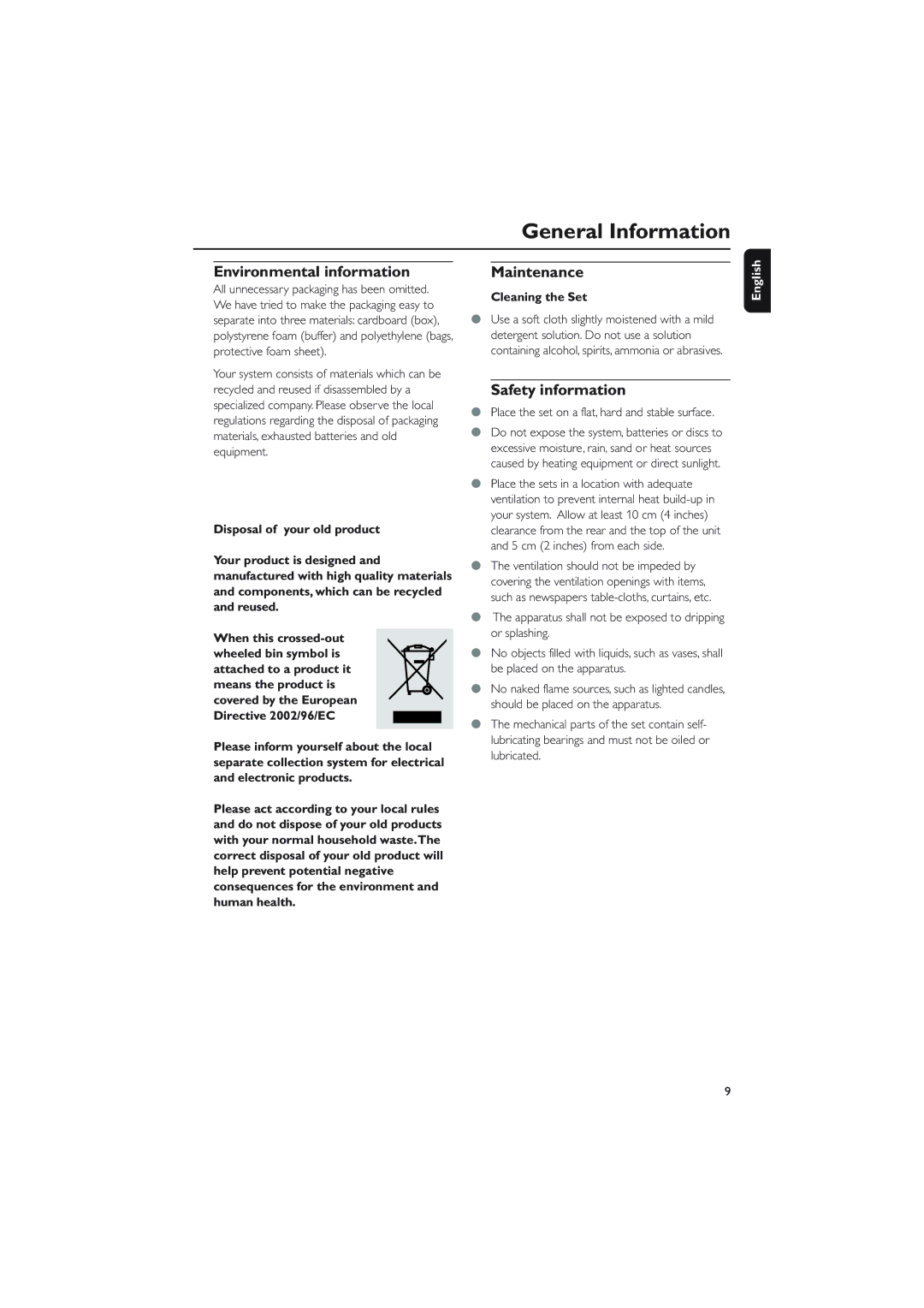 Philips WAS5 user manual Environmental information, Maintenance, Safety information, Cleaning the Set 