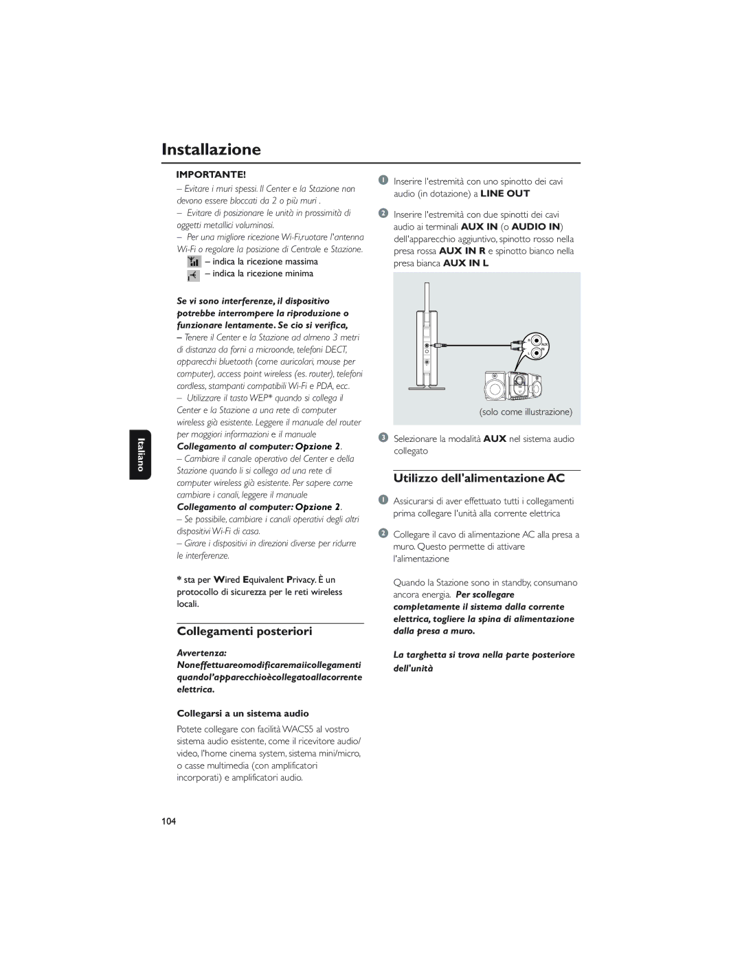 Philips WAS5 user manual Collegamenti posteriori, Utilizzo dellalimentazione AC, Collegarsi a un sistema audio 