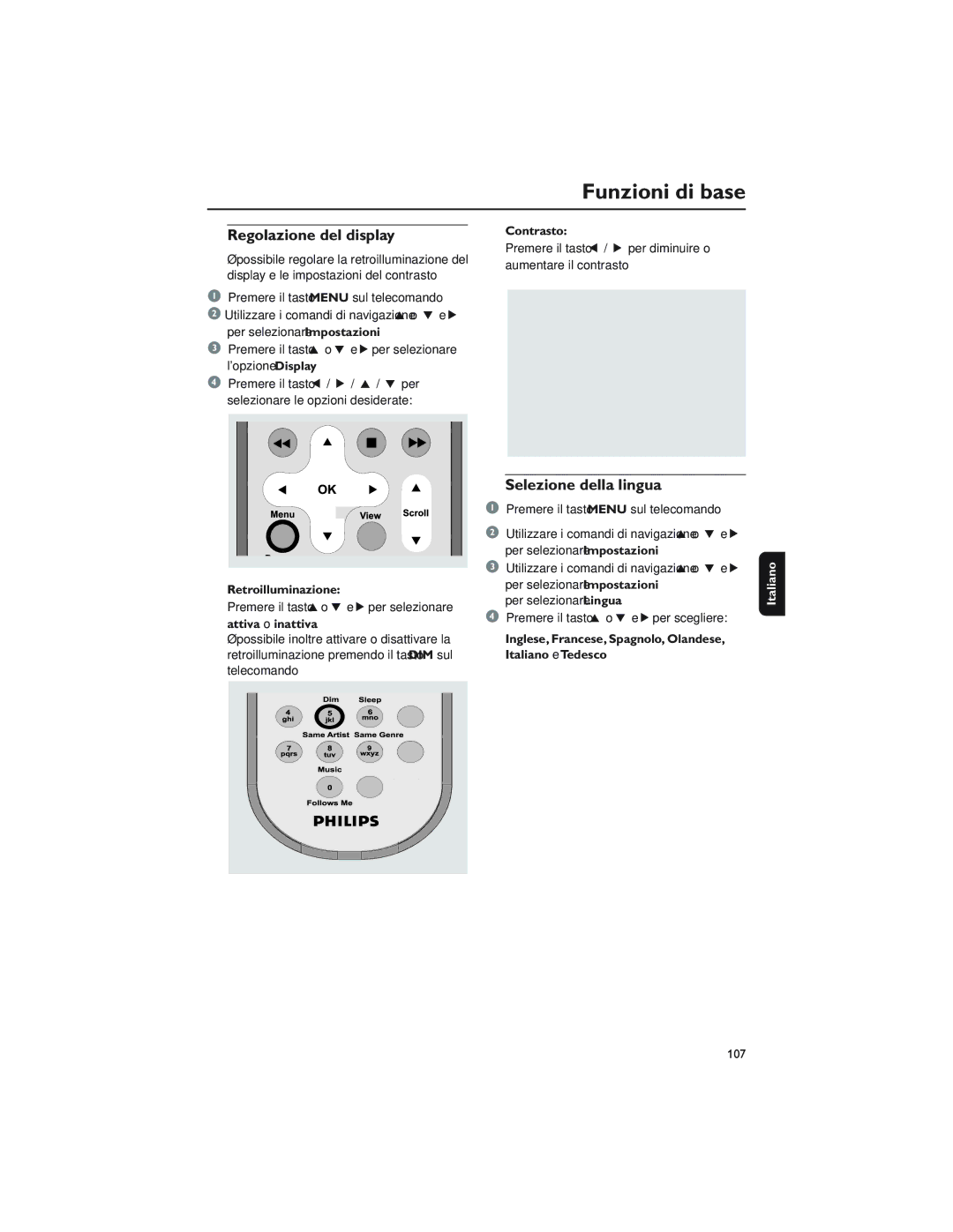 Philips WAS5 user manual Regolazione del display, Selezione della lingua 