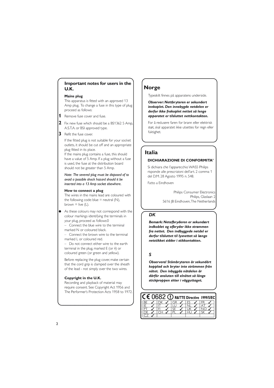 Philips WAS5 user manual Important notes for users in the U.K, Mains plug, How to connect a plug, Copyright in the U.K 