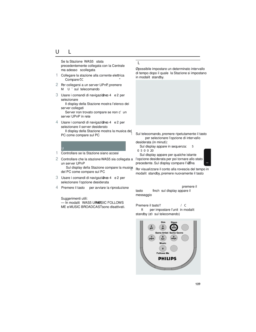 Philips WAS5 user manual Collegare la stazione alla corrente elettrica, Compare Collegamento a Centrale, 109 