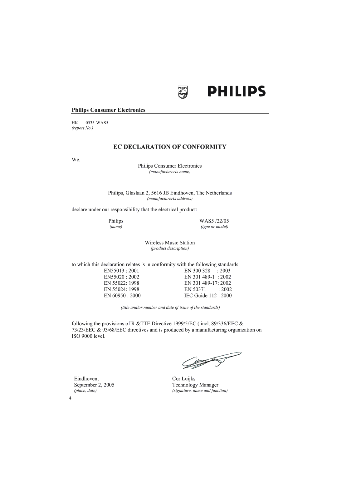 Philips WAS5 user manual EC Declaration of Conformity 