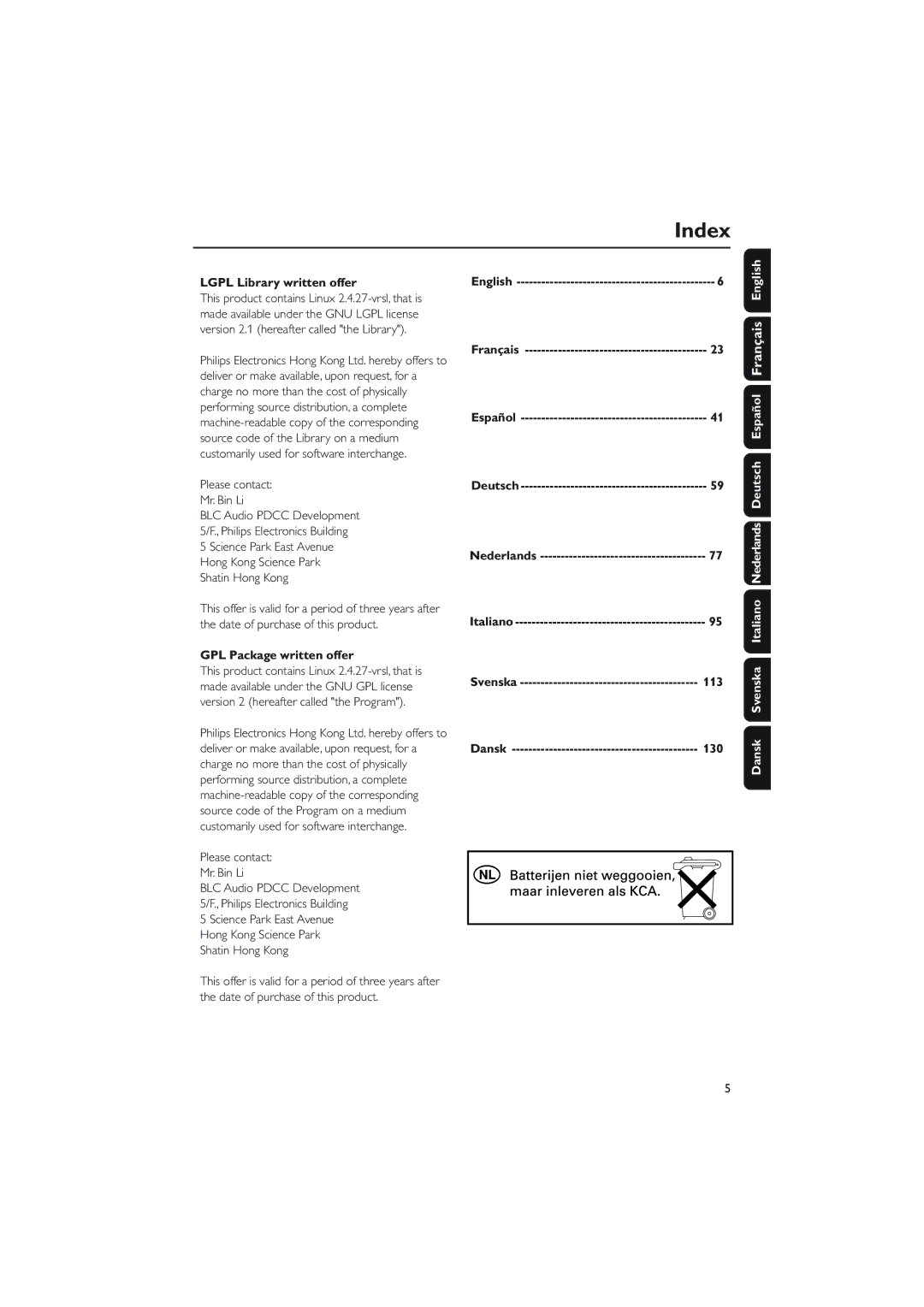 Philips WAS5 user manual Index, Lgpl Library written offer, GPL Package written offer, 113, 130 