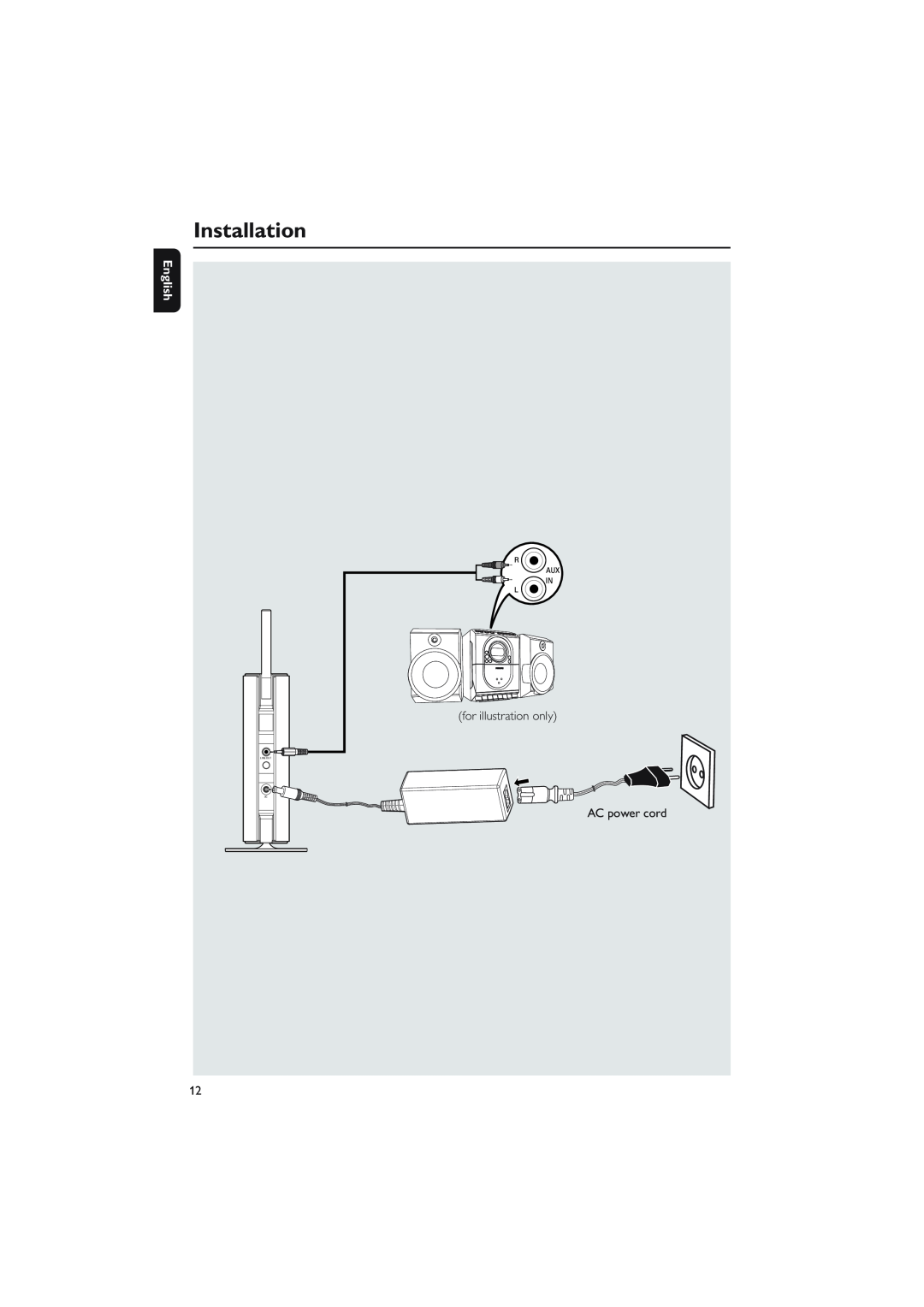 Philips WAS5 user manual Installation, English, for illustration only, AC power cord, Line Out Dc 
