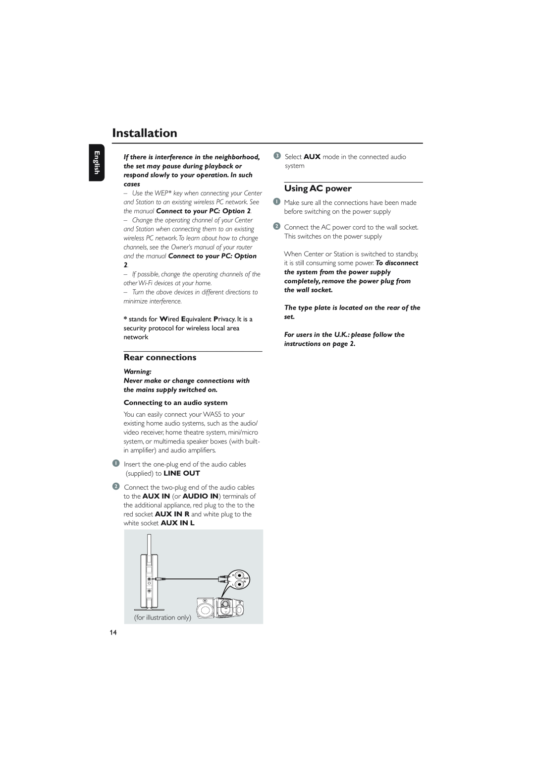 Philips WAS5 user manual Using AC power, Rear connections, Installation, English, Connecting to an audio system 