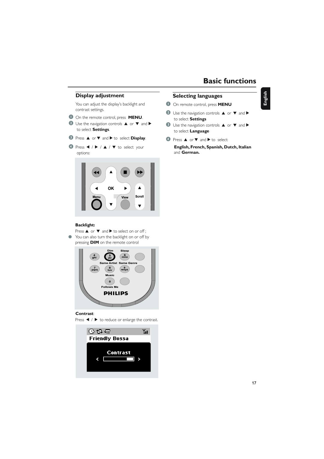 Philips WAS5 user manual Display adjustment, Selecting languages, Basic functions, English, Backlight, Contrast 
