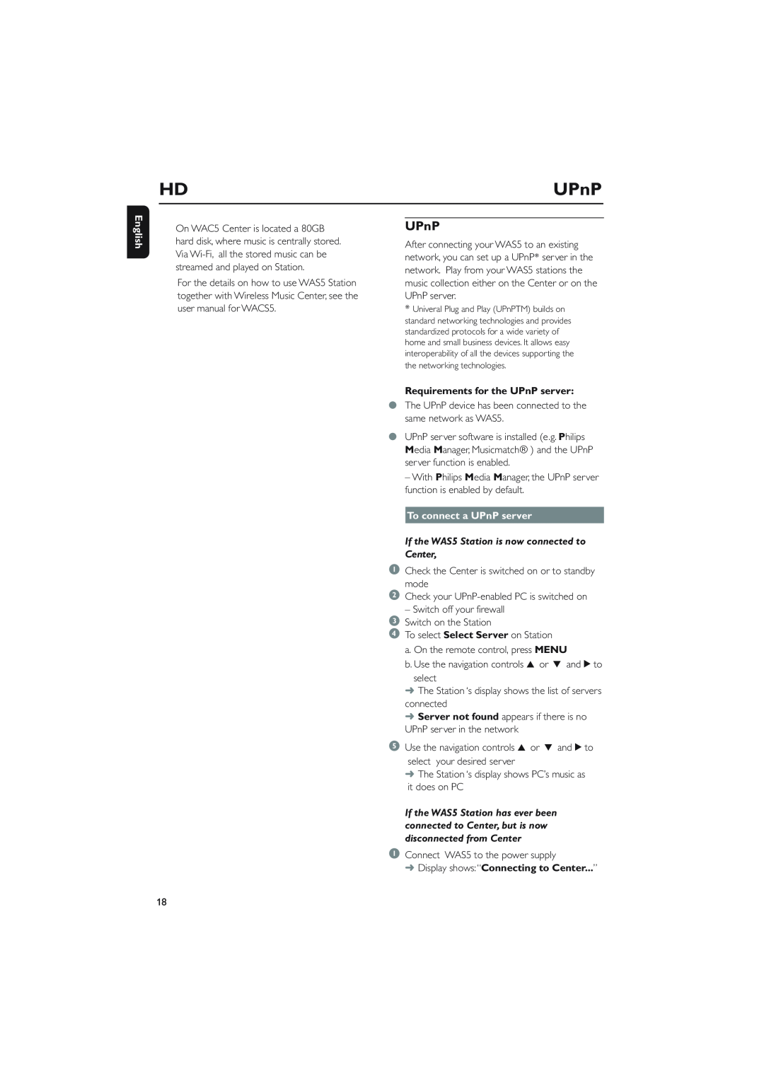 Philips WAS5 user manual English, Requirements for the UPnP server, To connect a UPnP server 