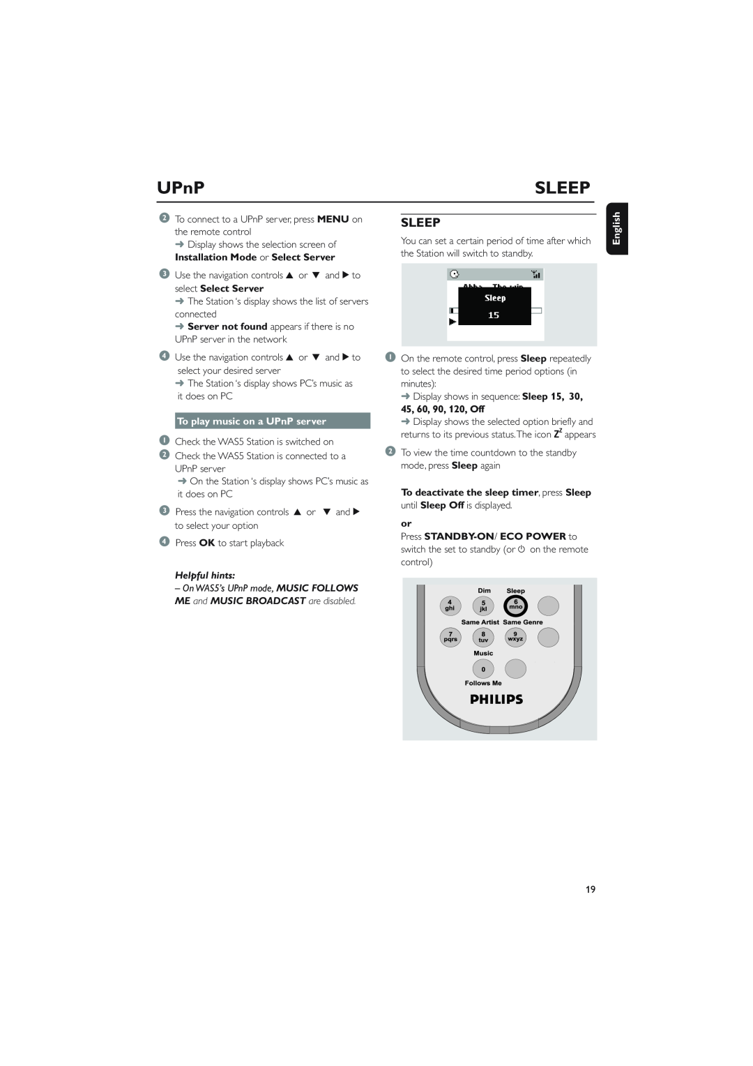 Philips WAS5 user manual Sleep, To play music on a UPnP server, English 
