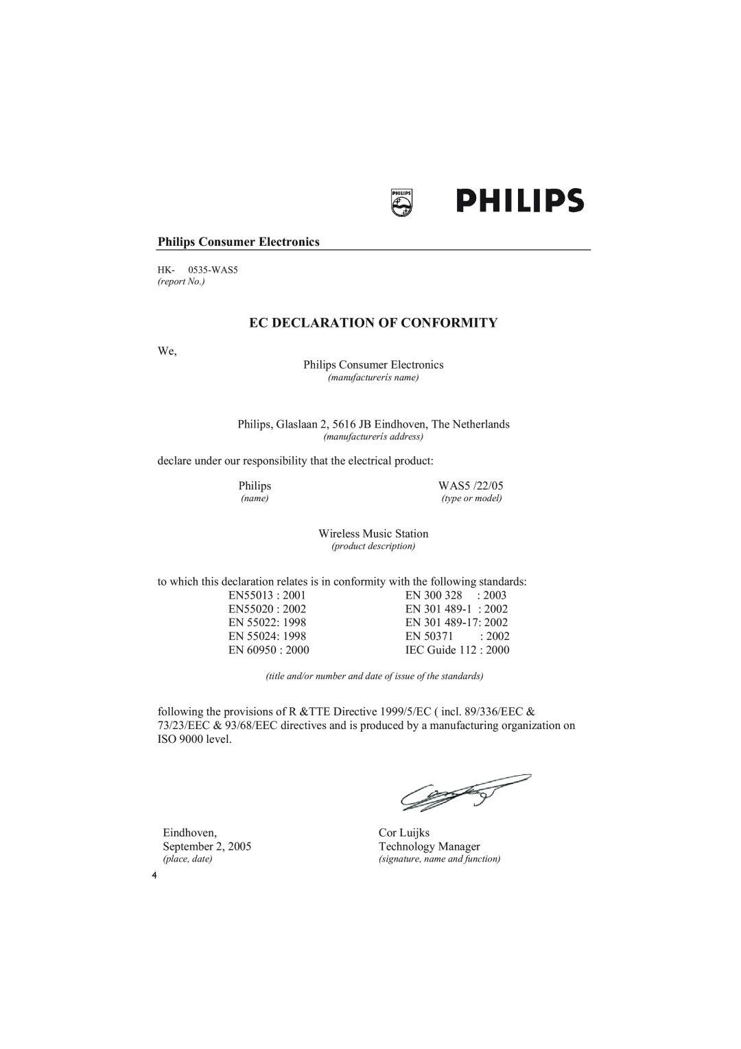 Philips WAS5 user manual Ec Declaration Of Conformity, Philips Consumer Electronics 