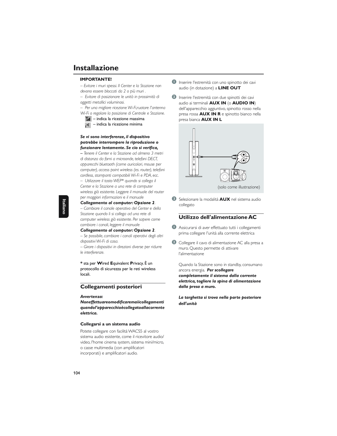 Philips WAS5 user manual Installazione, Collegamenti posteriori, Utilizzo dellalimentazione AC, Italiano, Importante 