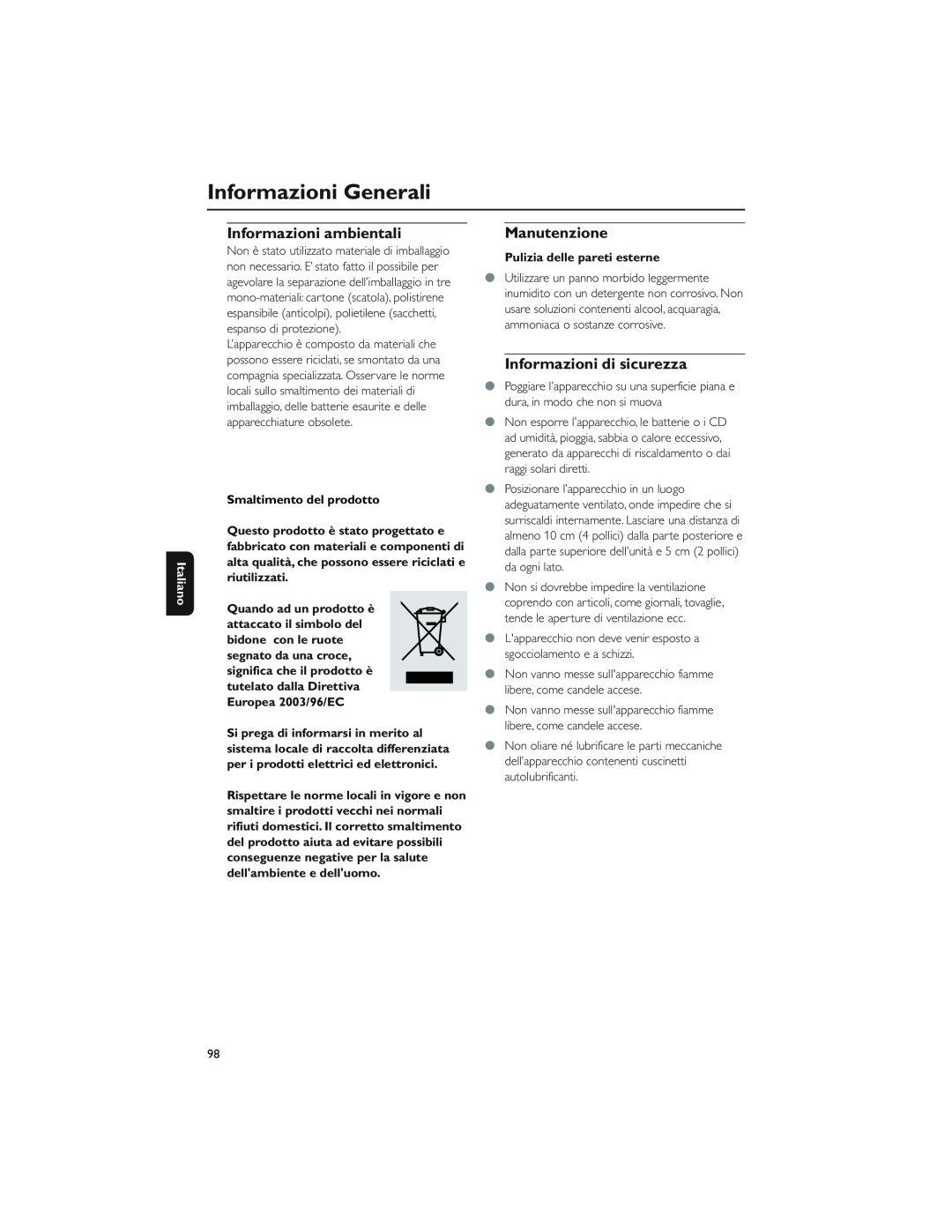 Philips WAS5 user manual Informazioni Generali, Informazioni ambientali, Manutenzione, Informazioni di sicurezza, Italiano 