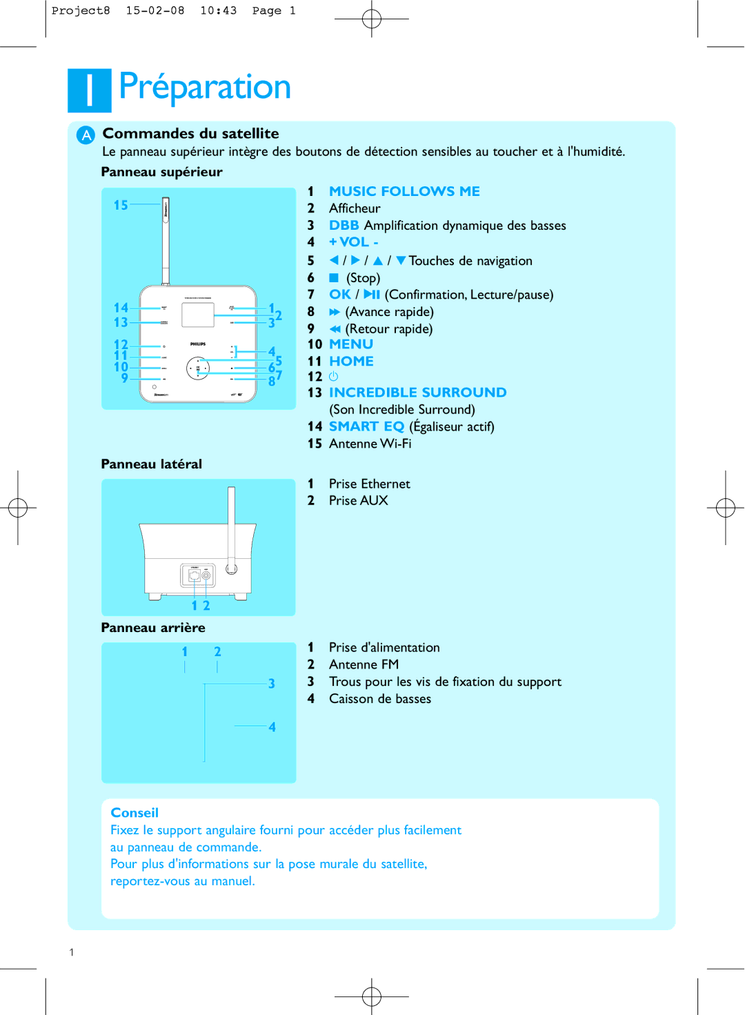 Philips WAS6050 manual Préparation, Commandes du satellite 