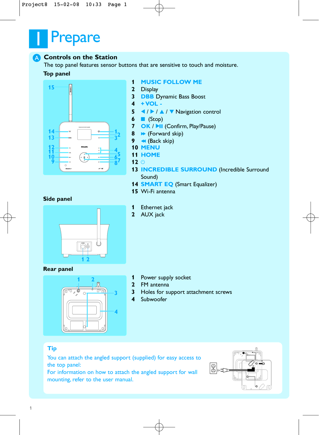 Philips WAS6050 quick start Prepare, Controls on the Station, Top panel 