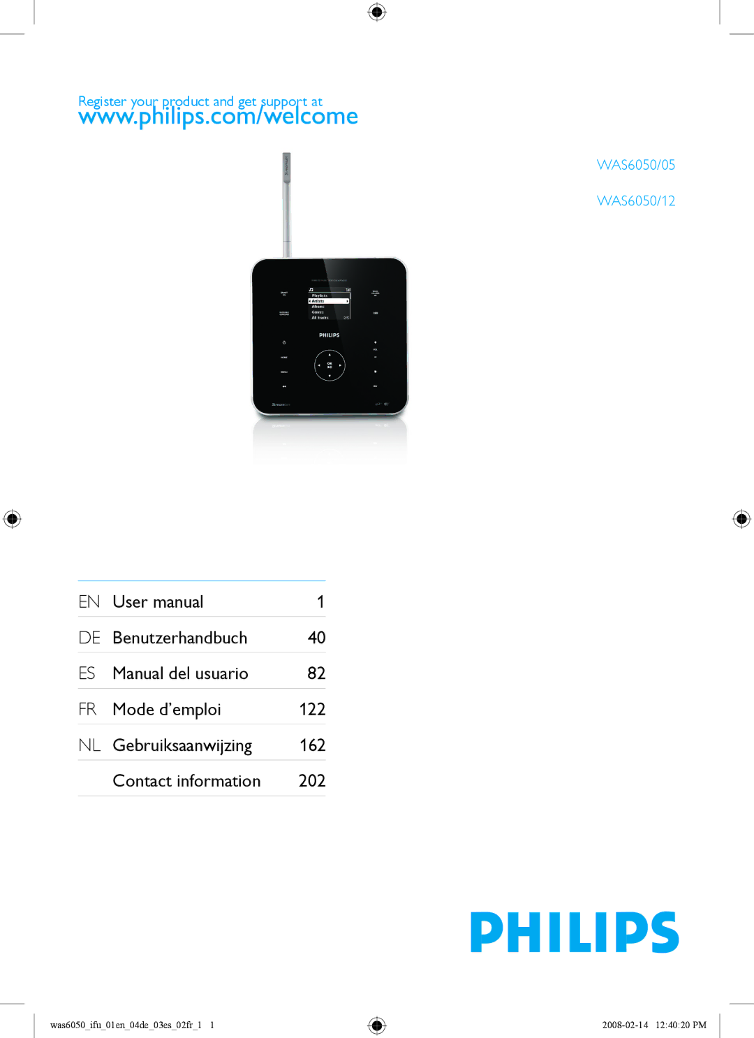 Philips WAS6050/12, WAS6050/05 user manual Was6050ifu01en04de03es02fr1 2008-02-14 124020 PM 