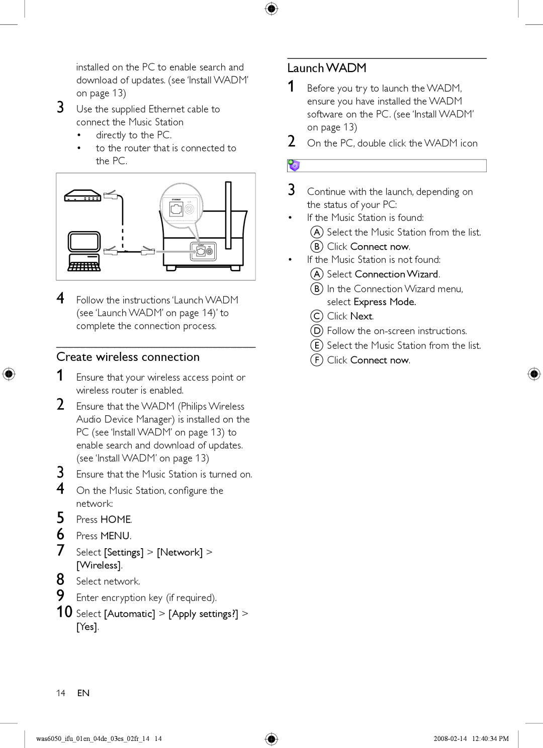 Philips WAS6050/05, WAS6050/12 user manual Create wireless connection, Launch Wadm 