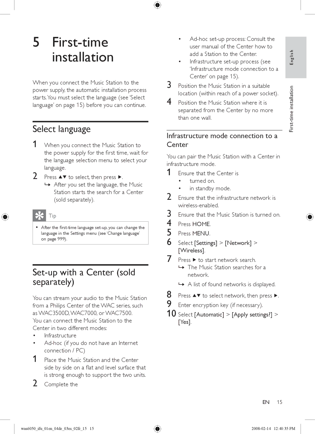 Philips WAS6050/12, WAS6050/05 user manual Select language, Set-up with a Center sold separately 