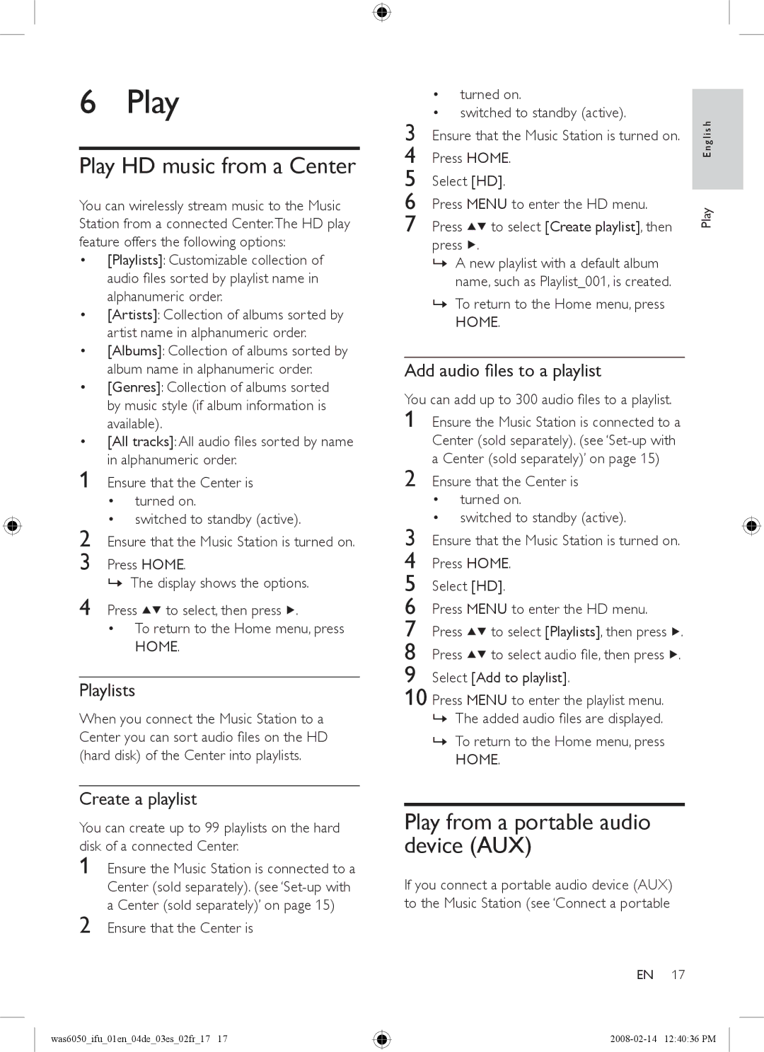 Philips WAS6050/12, WAS6050/05 user manual Play HD music from a Center, Play from a portable audio device AUX 