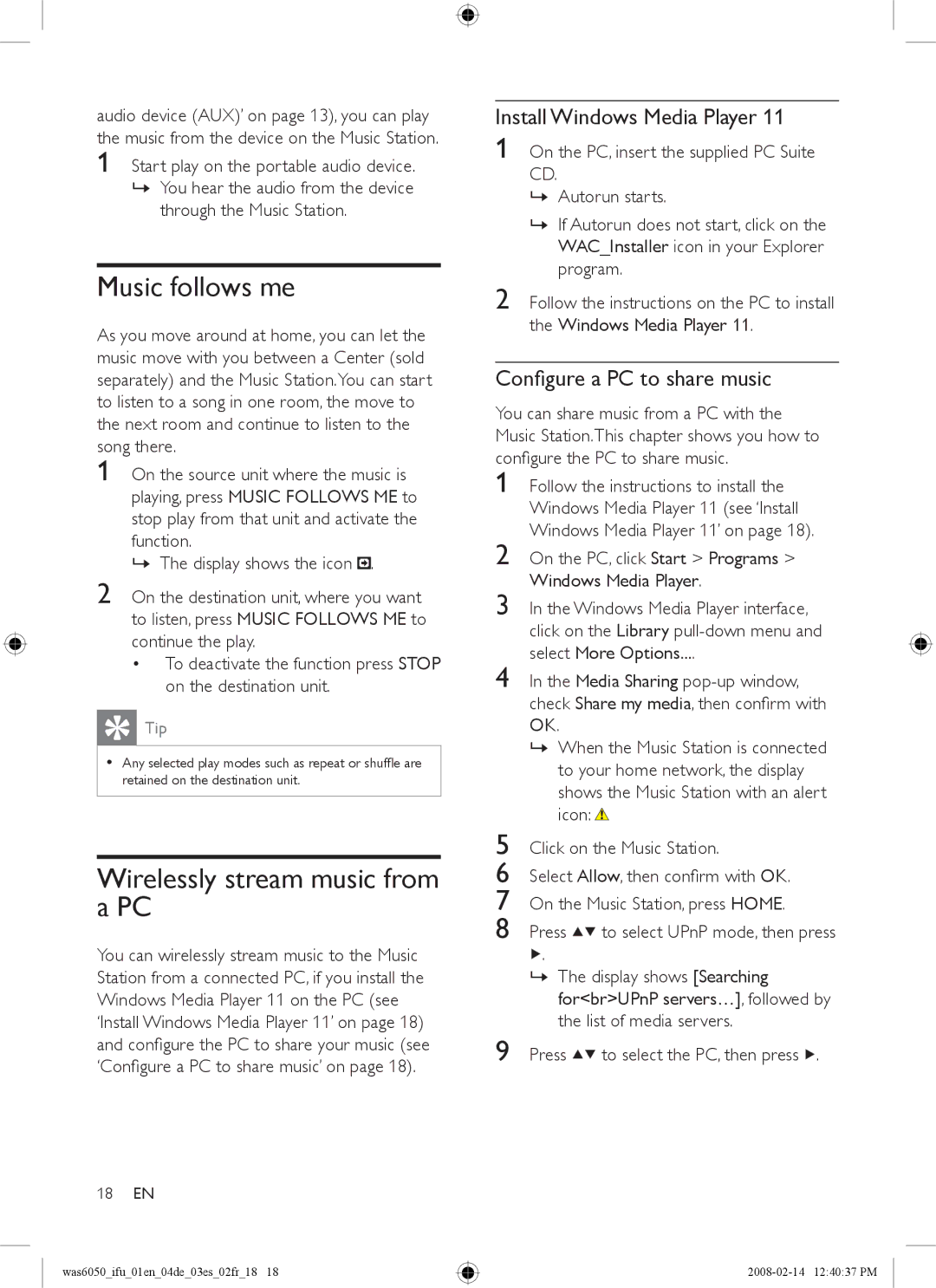 Philips WAS6050/05, WAS6050/12 user manual Music follows me, Wirelessly stream music from a PC, Install Windows Media Player 