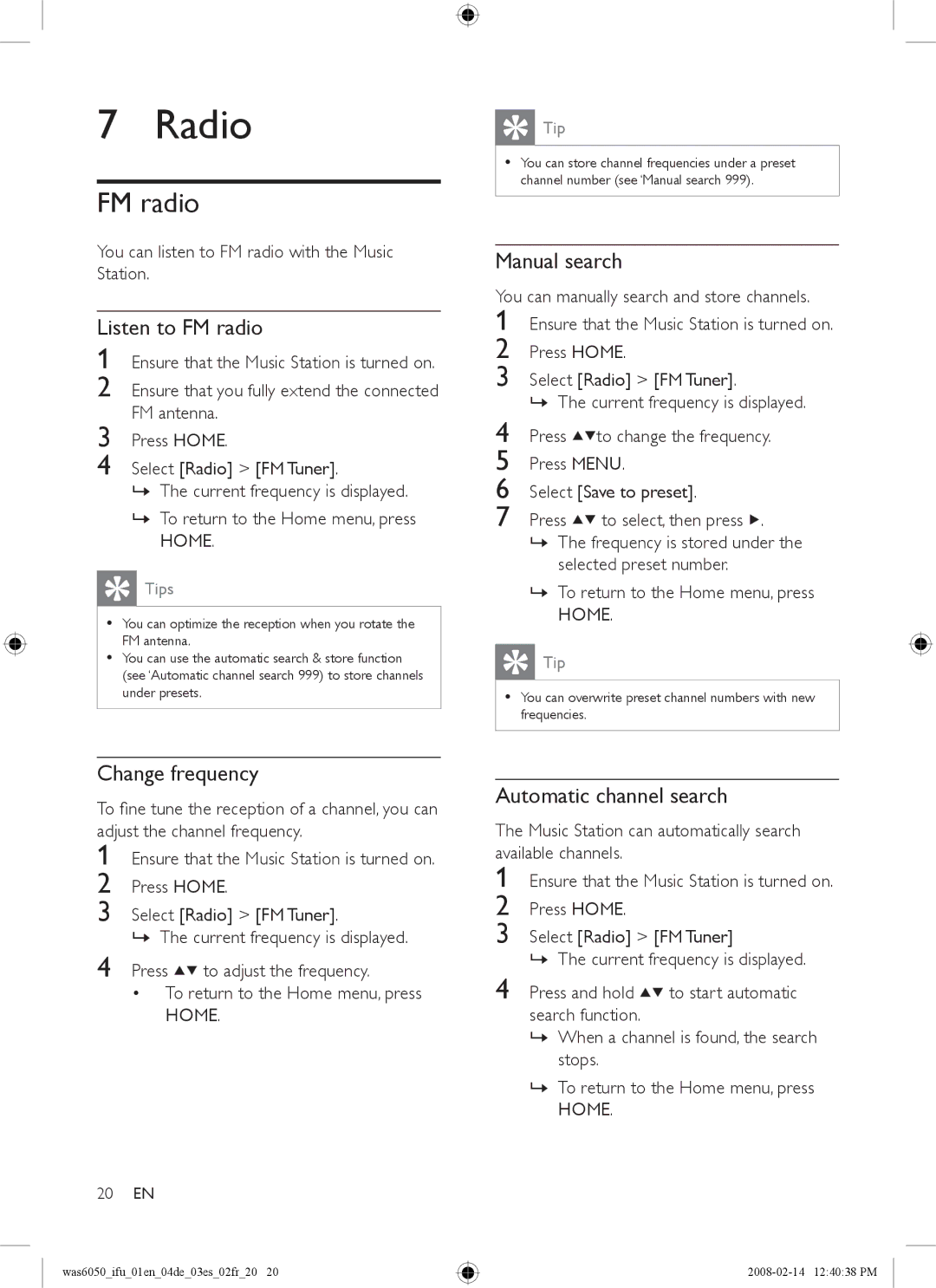 Philips WAS6050/05, WAS6050/12 user manual Radio, FM radio 