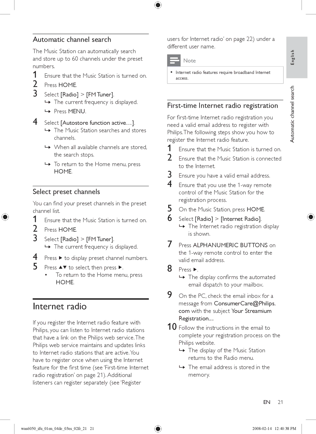 Philips WAS6050/12, WAS6050/05 user manual Select preset channels, First-time Internet radio registration 