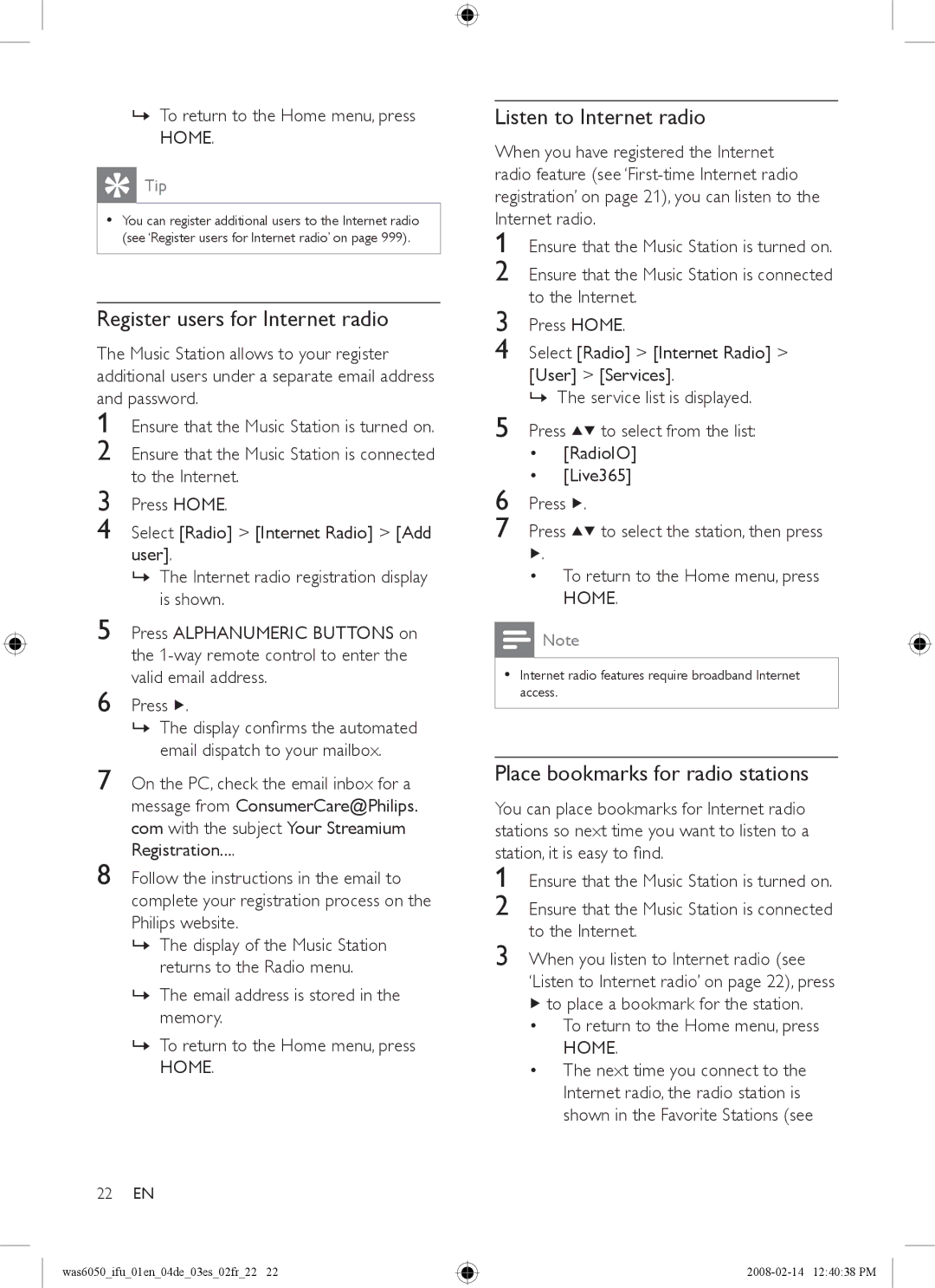 Philips WAS6050/05 Register users for Internet radio, Listen to Internet radio, Place bookmarks for radio stations 