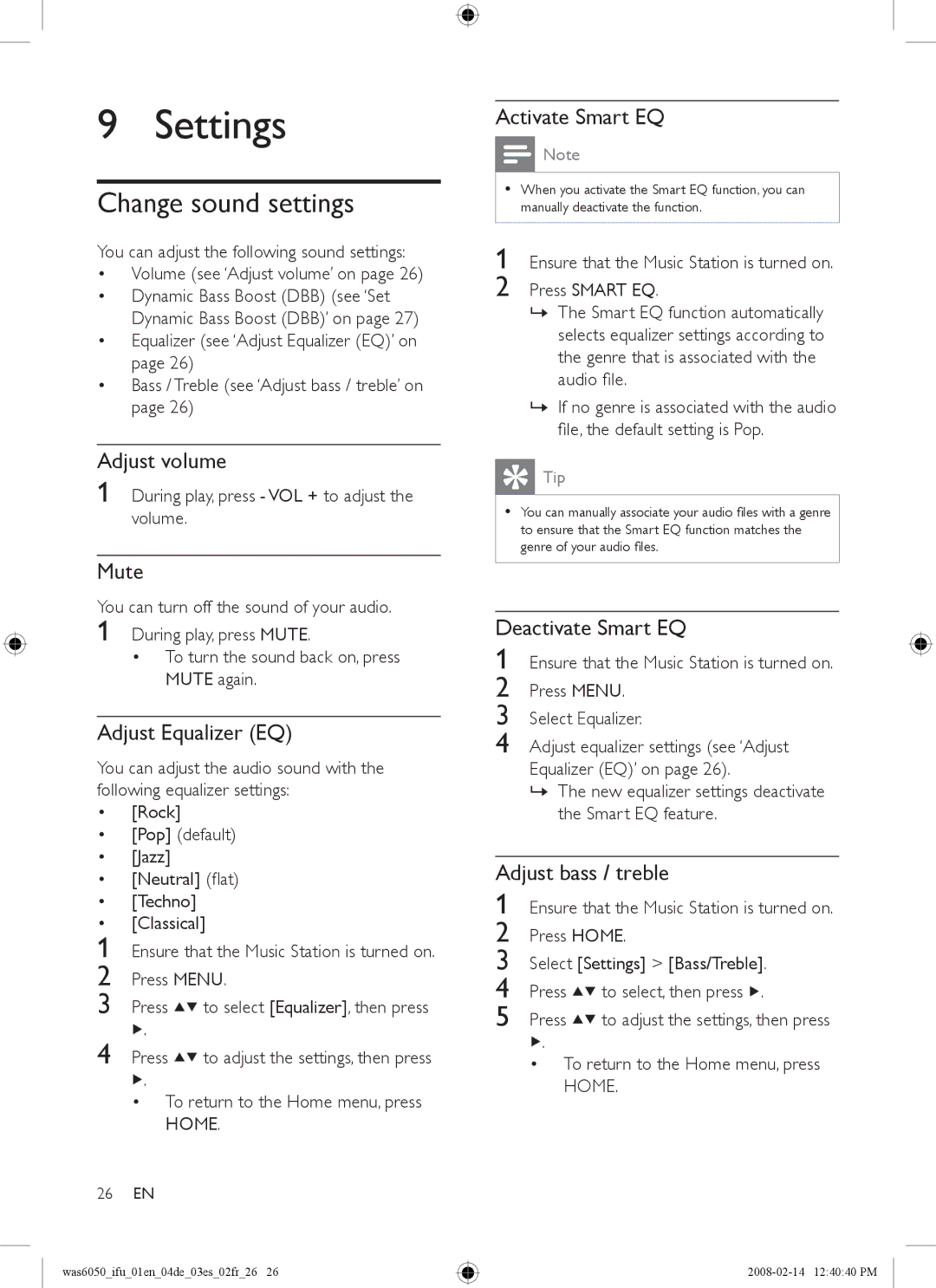 Philips WAS6050/05, WAS6050/12 user manual Settings, Change sound settings 