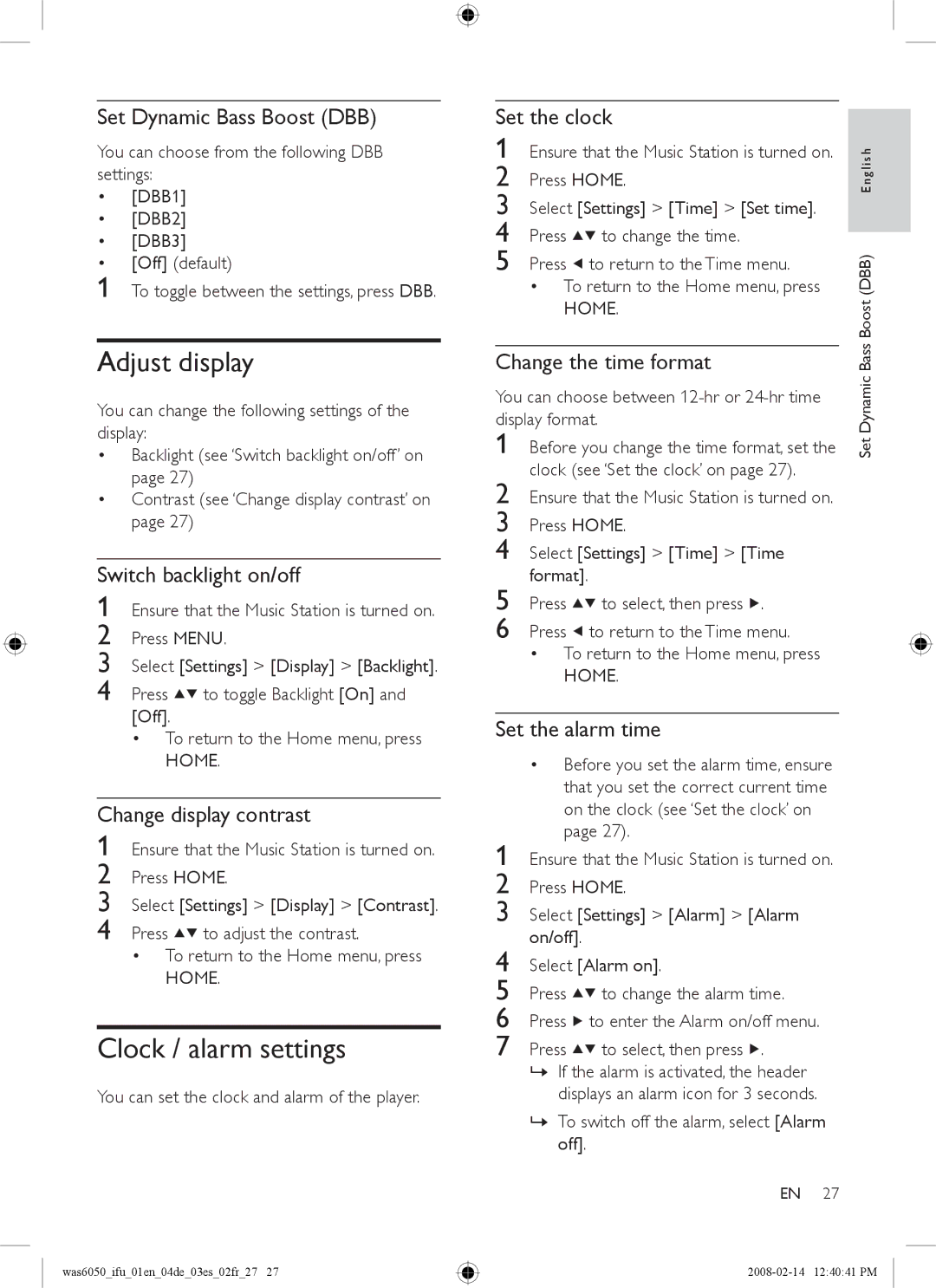 Philips WAS6050/12, WAS6050/05 user manual Adjust display, Clock / alarm settings 