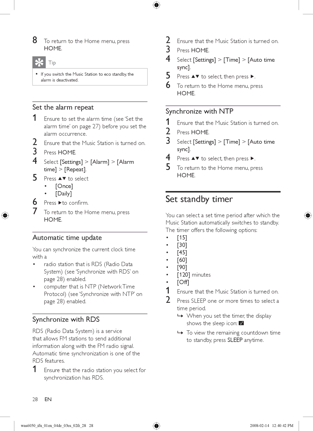 Philips WAS6050/05, WAS6050/12 Set standby timer, Set the alarm repeat, Automatic time update, Synchronize with RDS 
