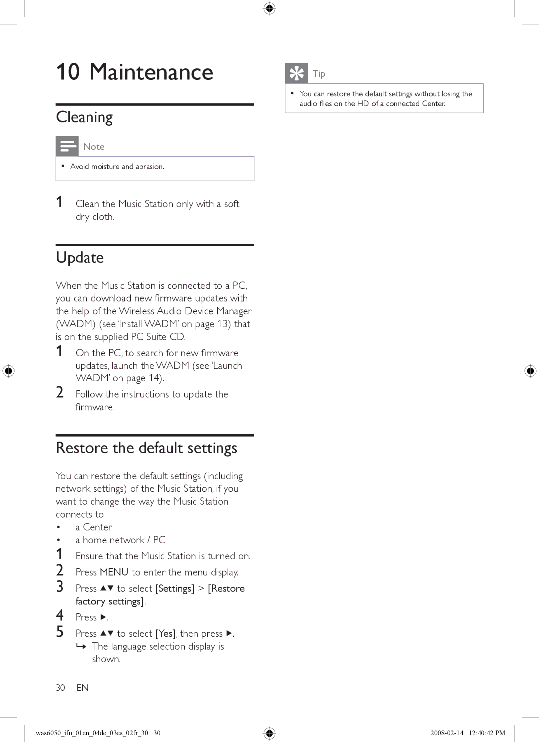 Philips WAS6050/05, WAS6050/12 user manual Maintenance, Cleaning, Update, Restore the default settings 