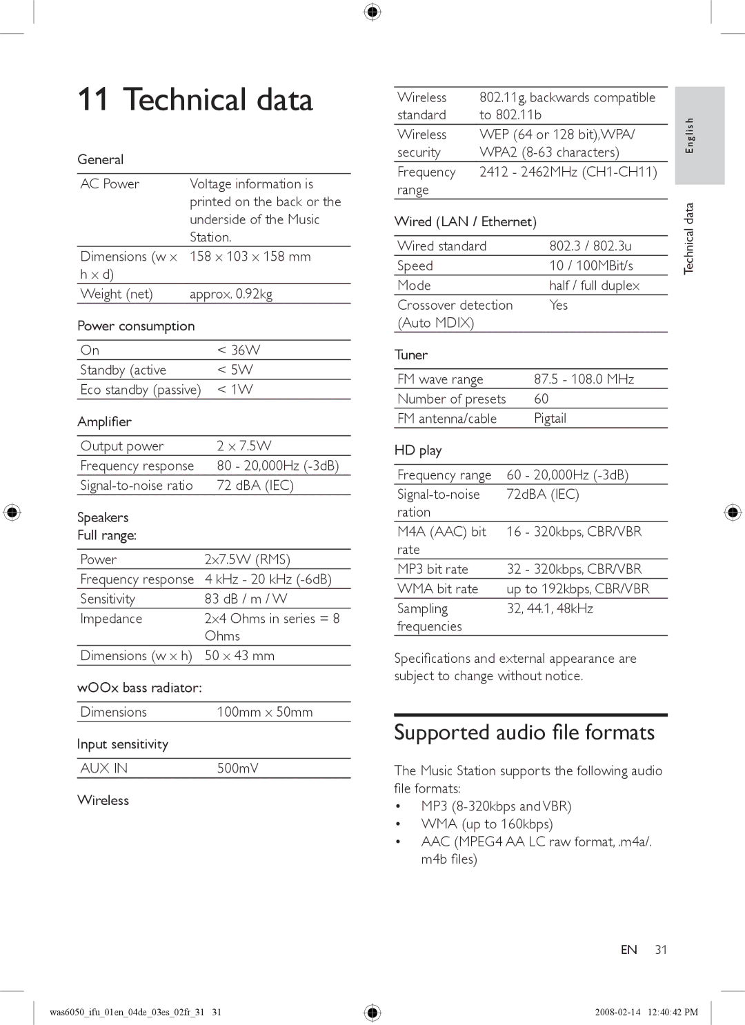 Philips WAS6050/12, WAS6050/05 user manual Technical data, Supported audio file formats, Aux 