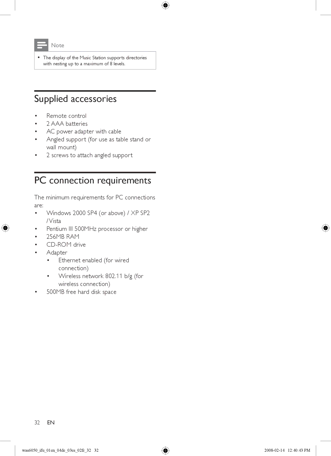 Philips WAS6050/05, WAS6050/12 user manual Supplied accessories, PC connection requirements 