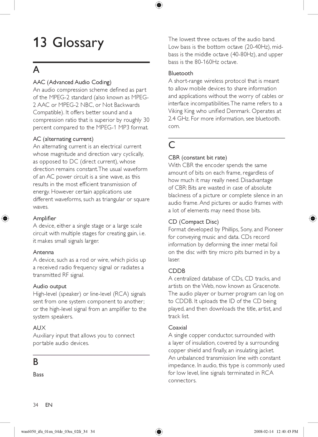 Philips WAS6050/05, WAS6050/12 user manual Glossary, Cddb 