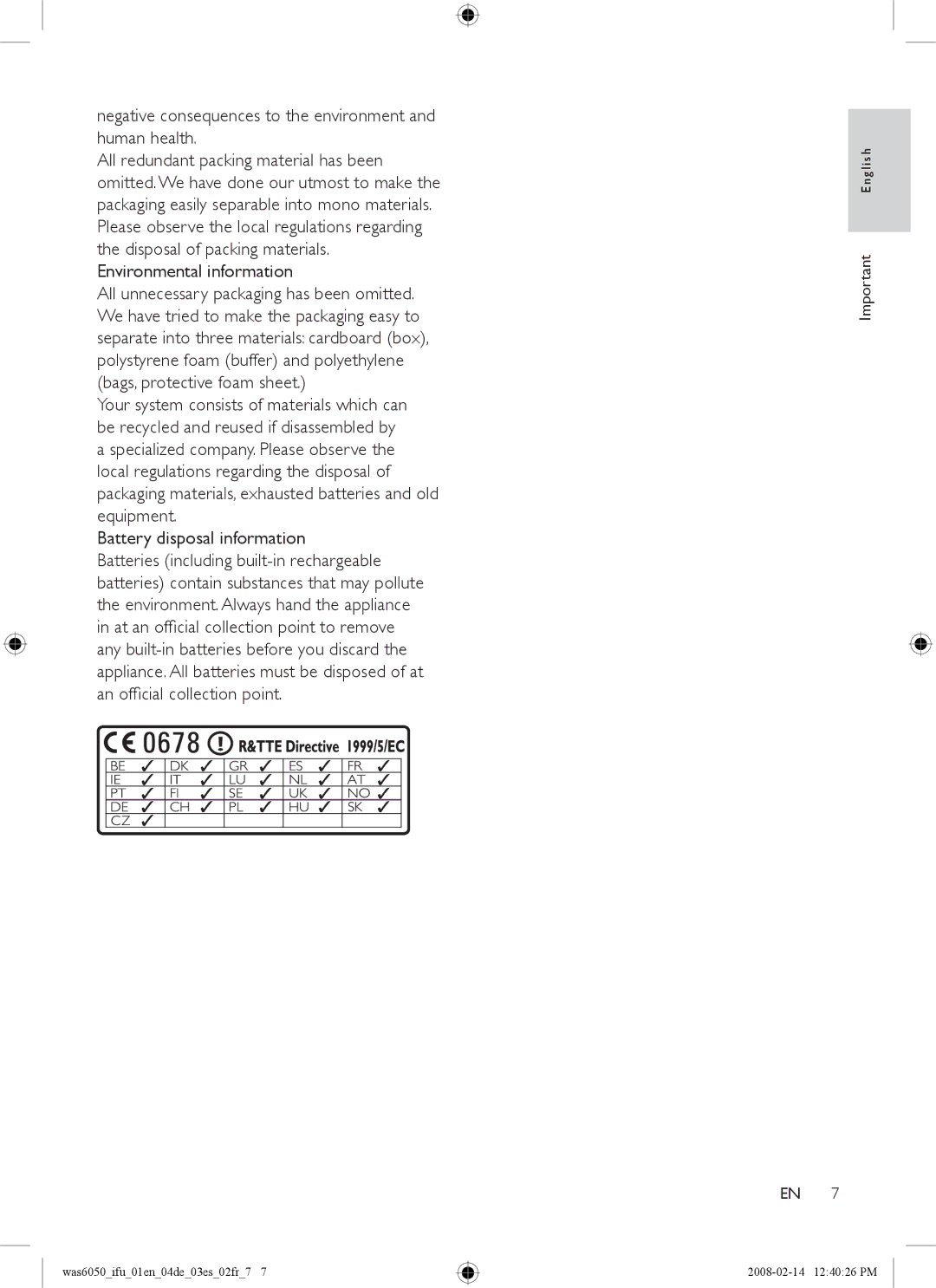 Philips WAS6050/12, WAS6050/05 Negative consequences to the environment and human health, Battery disposal information 