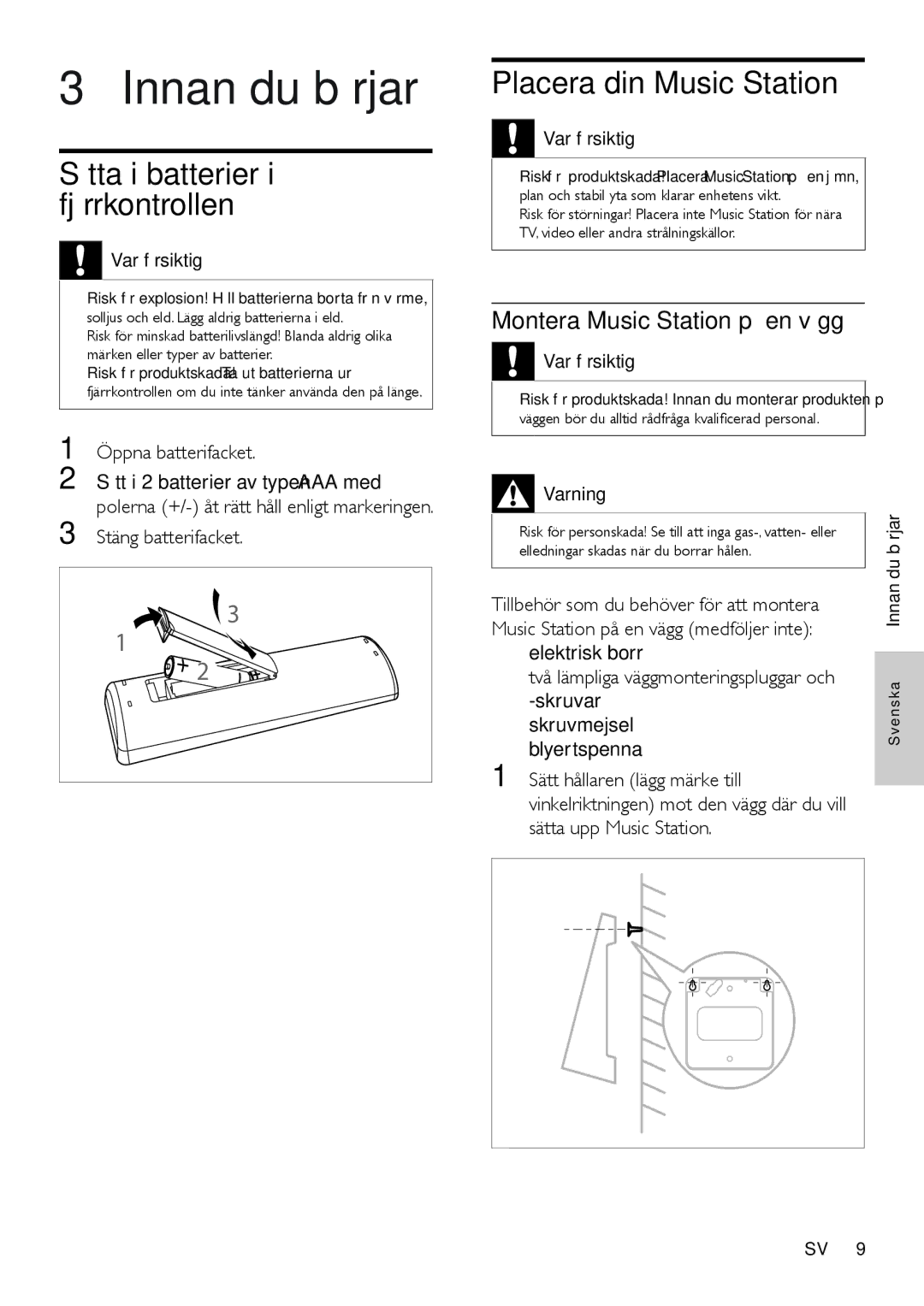 Philips WAS6050/05 manual Innan du börjar, Sätta i batterier i fjärrkontrollen, Placera din Music Station 