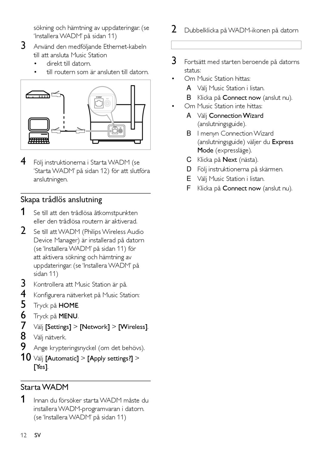 Philips WAS6050/05 manual Skapa trådlös anslutning, Starta Wadm 