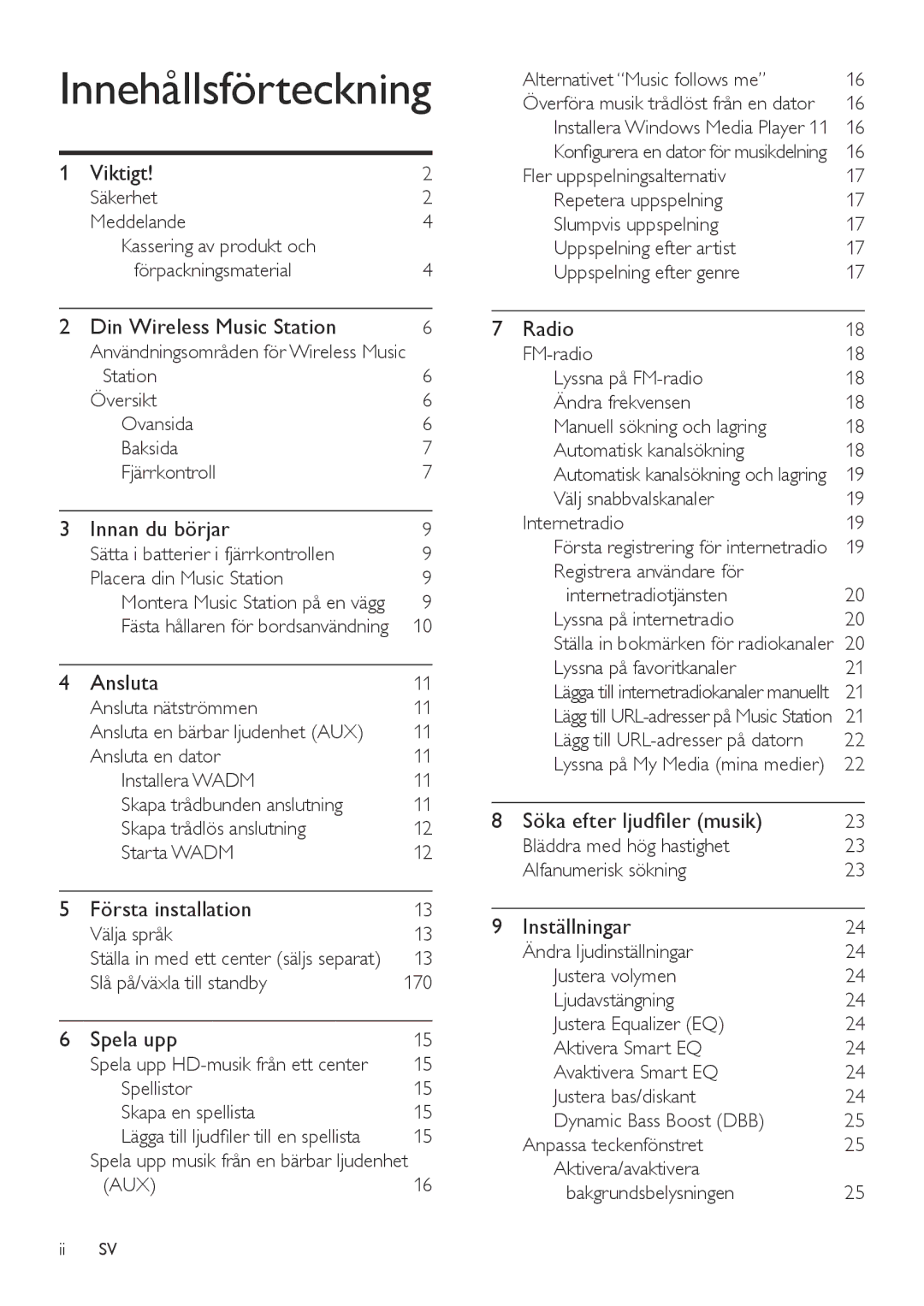 Philips WAS6050/05 manual Innehållsförteckning 