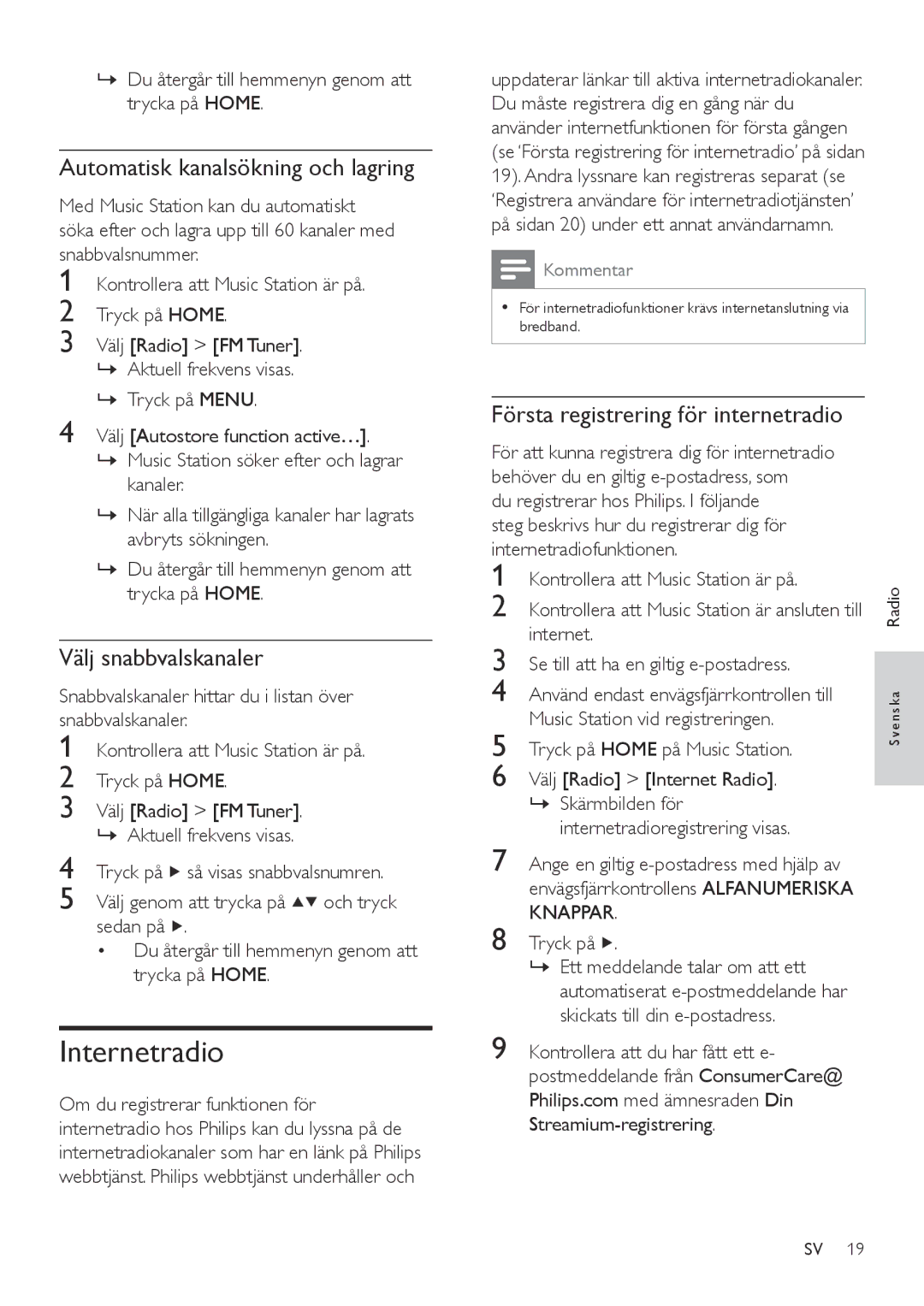 Philips WAS6050/05 manual Internetradio, Automatisk kanalsökning och lagring, Välj snabbvalskanaler, Knappar 