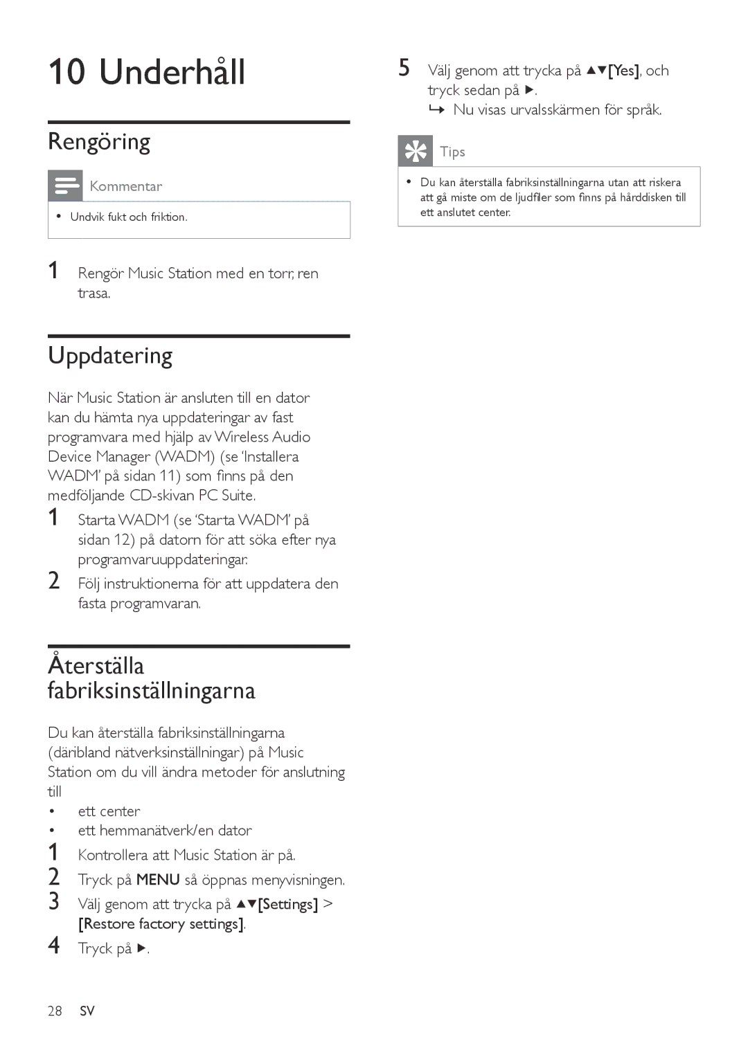 Philips WAS6050/05 manual Underhåll, Rengöring, Uppdatering, Återställa Fabriksinställningarna 