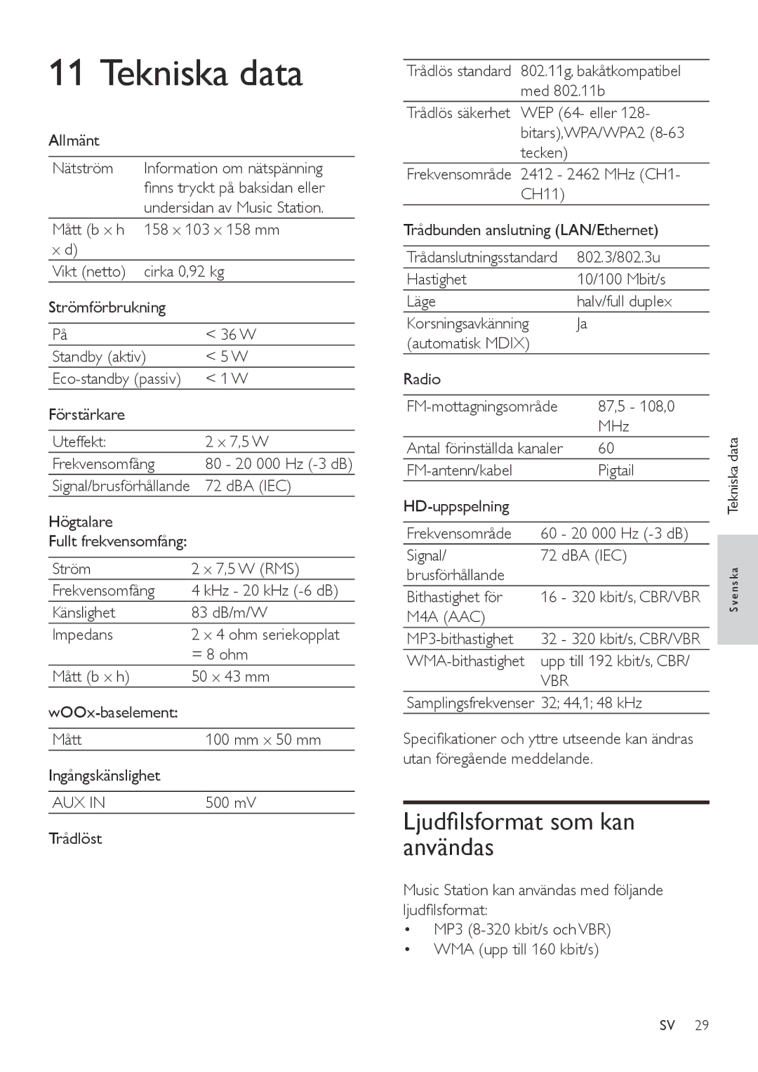 Philips WAS6050/05 manual Tekniska data, Ljudfilsformat som kan användas, M4A AAC, Vbr 