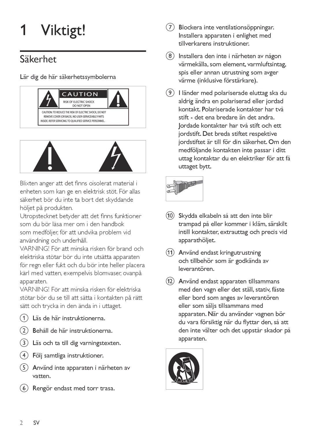 Philips WAS6050/05 manual Viktigt, Säkerhet, Lär dig de här säkerhetssymbolerna 